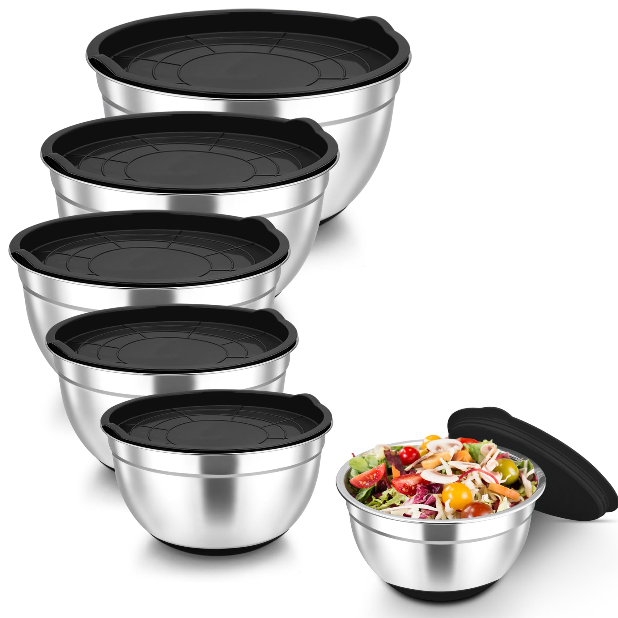 Joyfair Set di 3 ciotole in acciaio inox con coperchio ermetico e 3 grattugie, insalatiera per cuocere/cucinare/preparare, impilabili e lavabili in lavastoviglie, 4,5 l/2,7 l, 1,5 l, blu