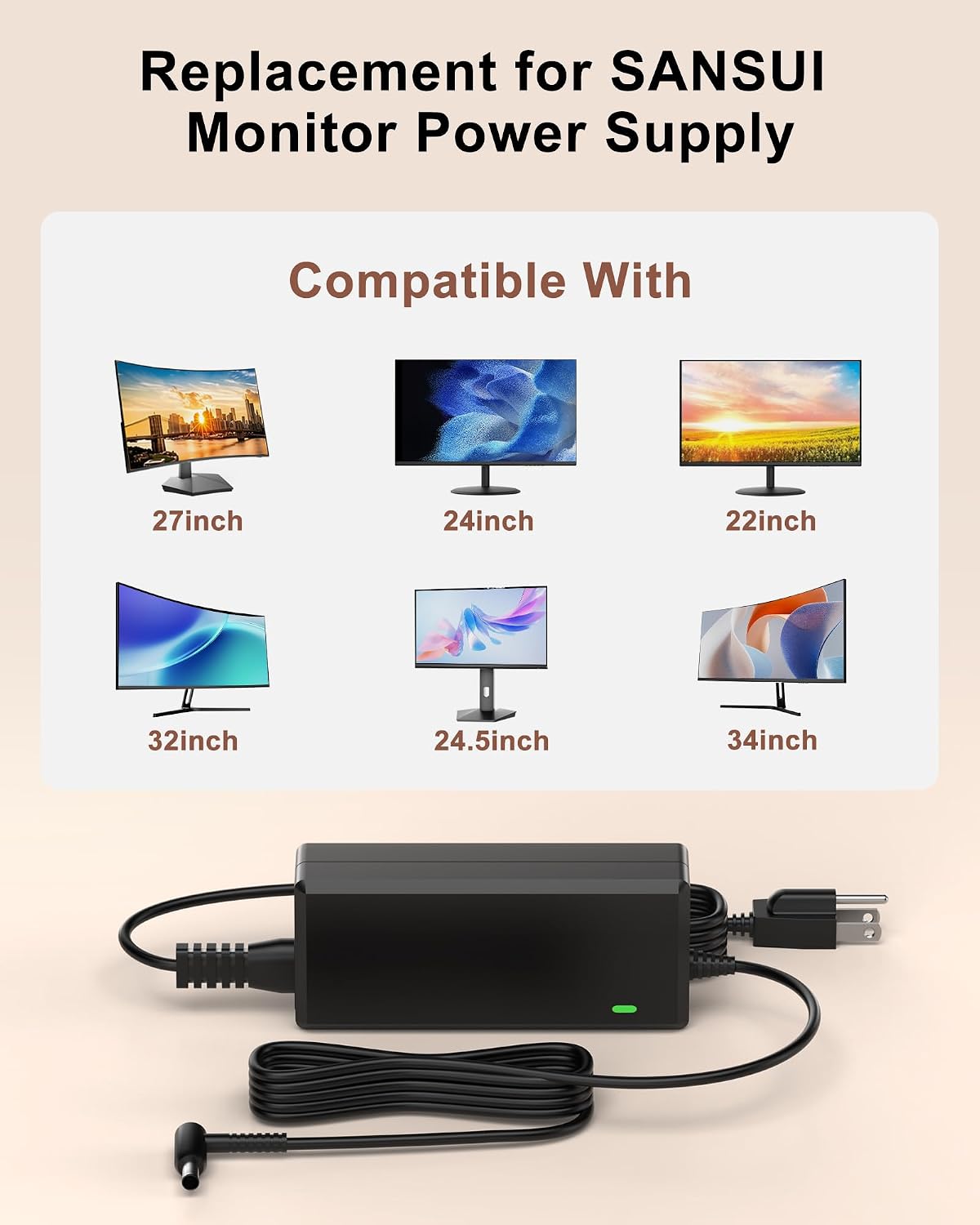 Replacment for SANSUI Monitor Power Cord 12V DC Power Supply for SANSUI Electronics 34" 32" 27" 24.5" 24" 22" LCD LED HD TV Monitor Curved Widescreen Power Adapter Cord
