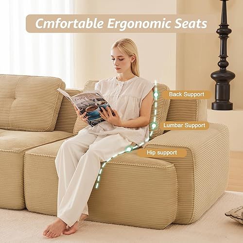 Miniatura 5 de Sofás modulares deshuesados de 115 pulgadas para sala de estar, sofá modular de pana, sofá modular camel, 3 plazas con 1 otomana, sofás para sala de