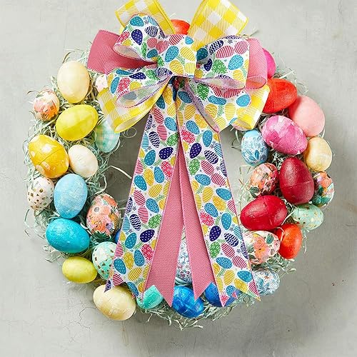 Vista 5 de TONIFUL 2 lazos grandes de 20 pulgadas, decoraciones de Pascua, lazos de Pascua, lazos de cintas rosas y amarillas, para decoración de Pascua