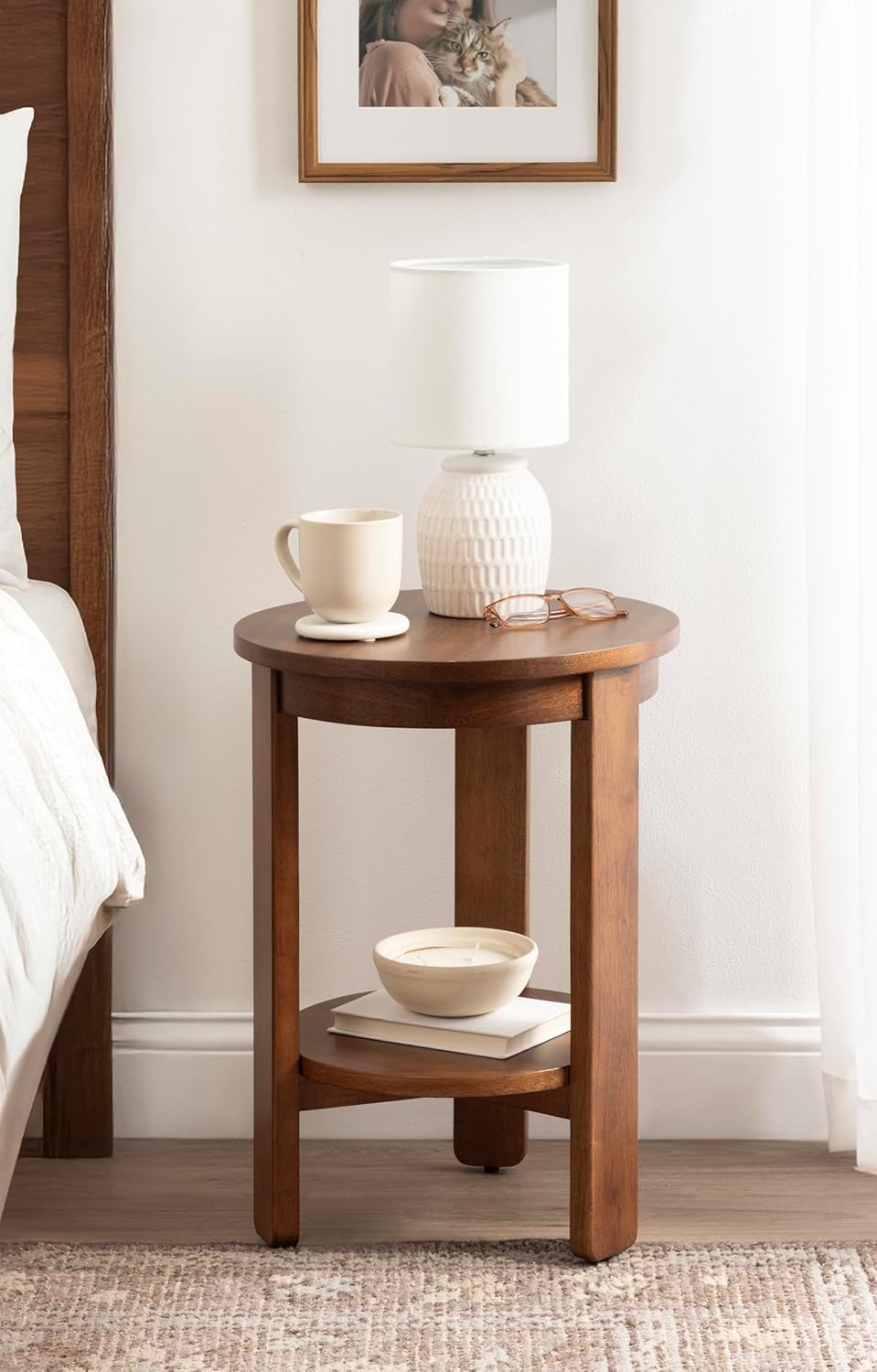 Kate and Laurel Foxford Tiered Round Side Table, 16 x 16 x 23, Walnut Brown, Transitional Two-Tier Circle Nightstand Table with Storage and Resilient Wood Construction for Bedroom Decor