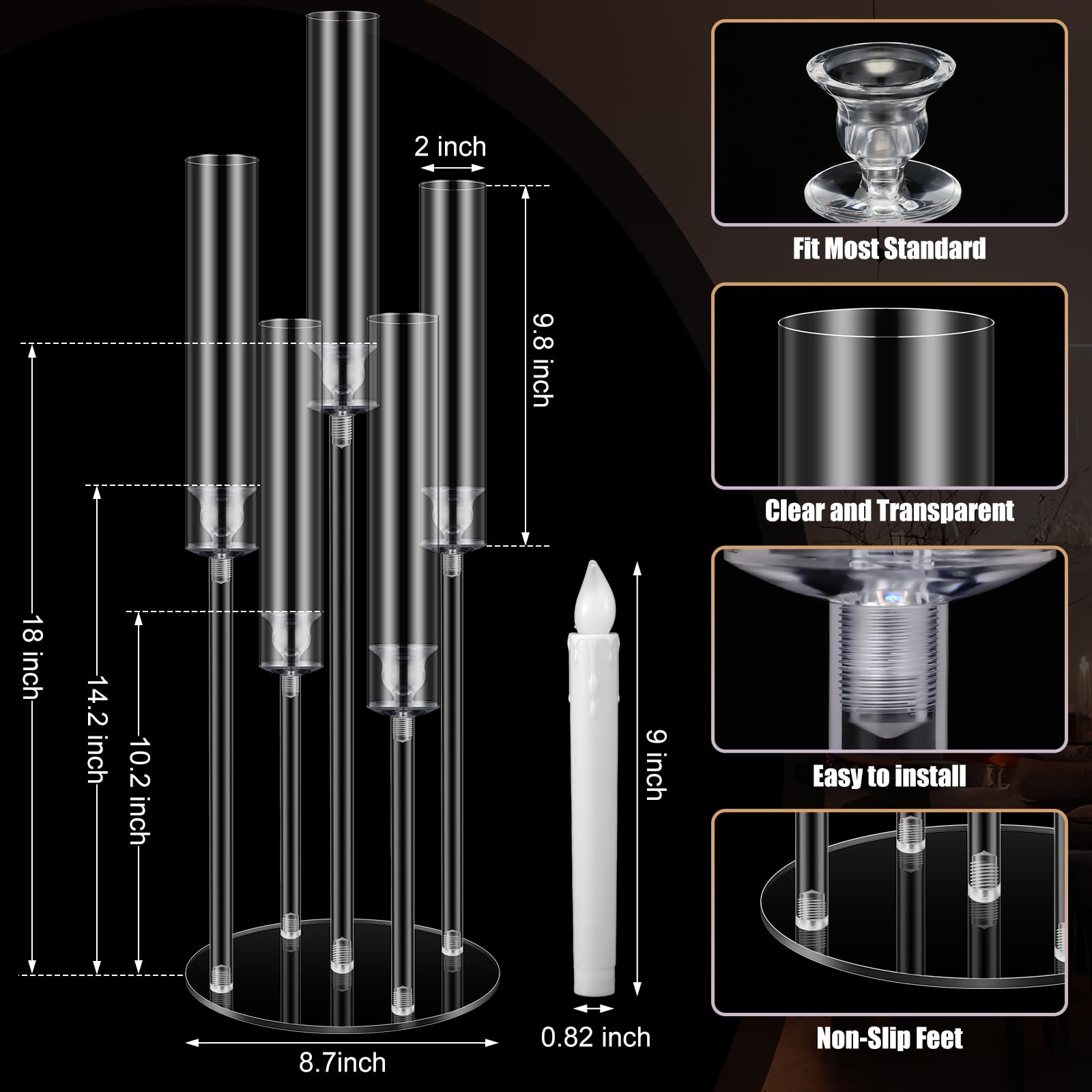 Tessco Set 4 Candelabri Da Pavimento In Acrilico 117cm Con Paralumi Trasparenti E 40 Aste - Per Matrimoni E Centrotavola