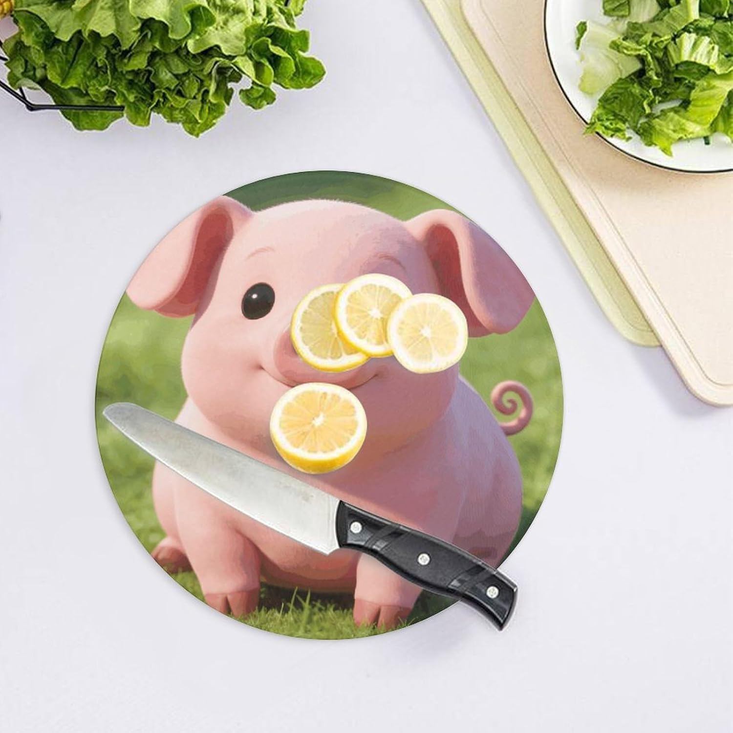 Pink Pig Tempered Glass Chopping Block | 7.9 Inch Round Non Slip Glass Cutting Board Kitchen Prep Tray for Household Daily Cooking Outdoor Picnic Use