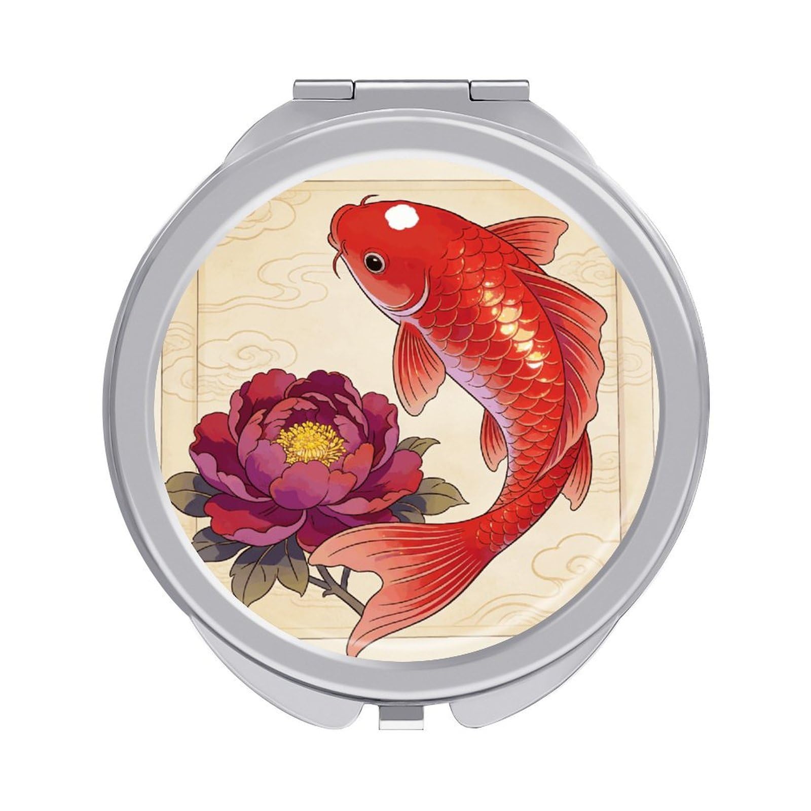 LZQPOEAS Koi Carp Bring Spring Compact Mirror, Double-Sided Folding Makeup Mirror, Durable Metal Travel Pocket Mirror for Purse, Portable Round Touch-Up Mirror for Table Gifts and Everyday Use