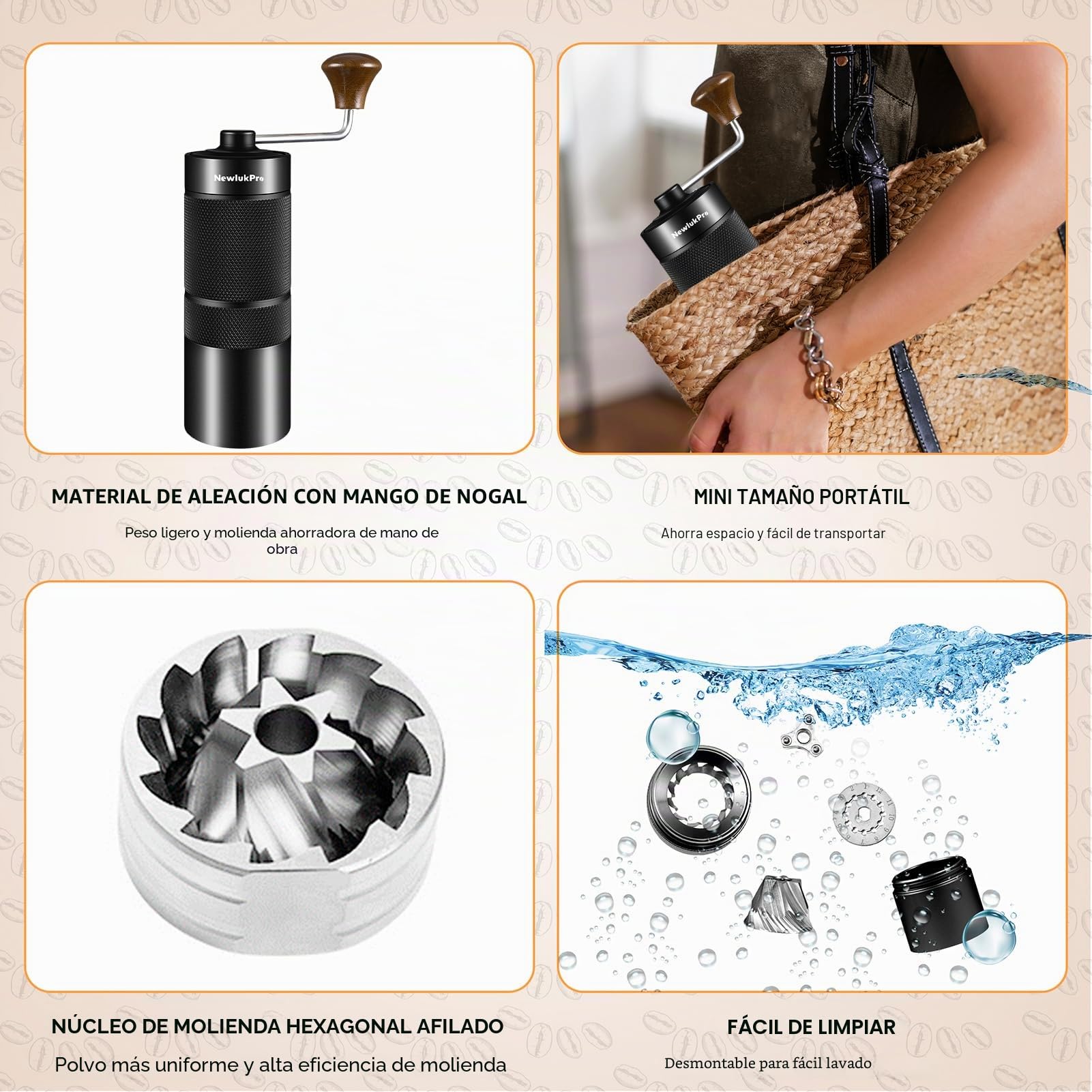 Molino Manual de Café Newlukpro M6 - Capacidad 25g, Núcleo de Molienda Hexagonal Afilado, Portátil para Café Concentrado
