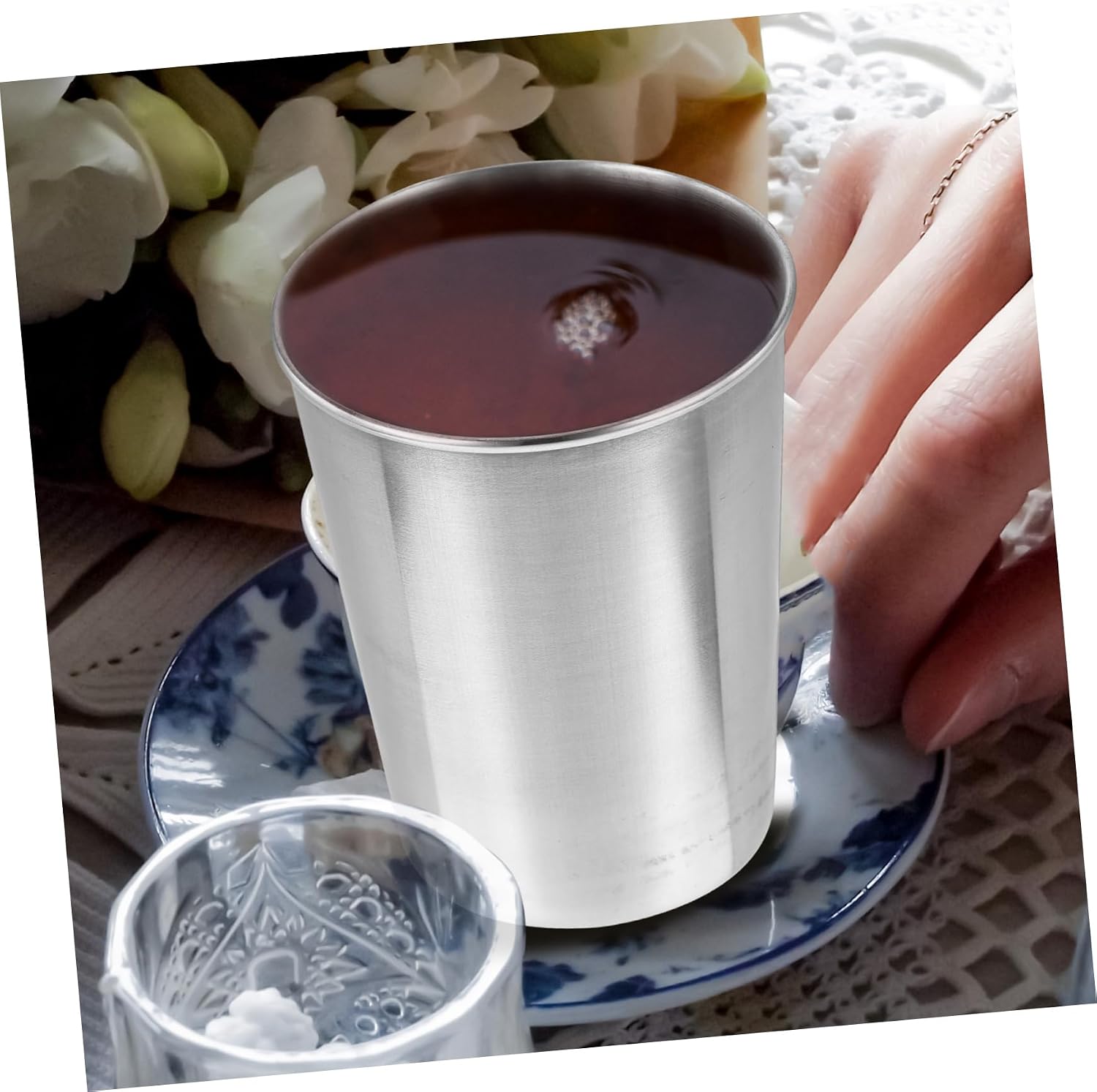 Stainless Steel Tumbler Cup Bathroom Rinse Cup for Toothbrush and Beverages Silver Drinking Cup for Home Use Easy to Clean and Stylish Design