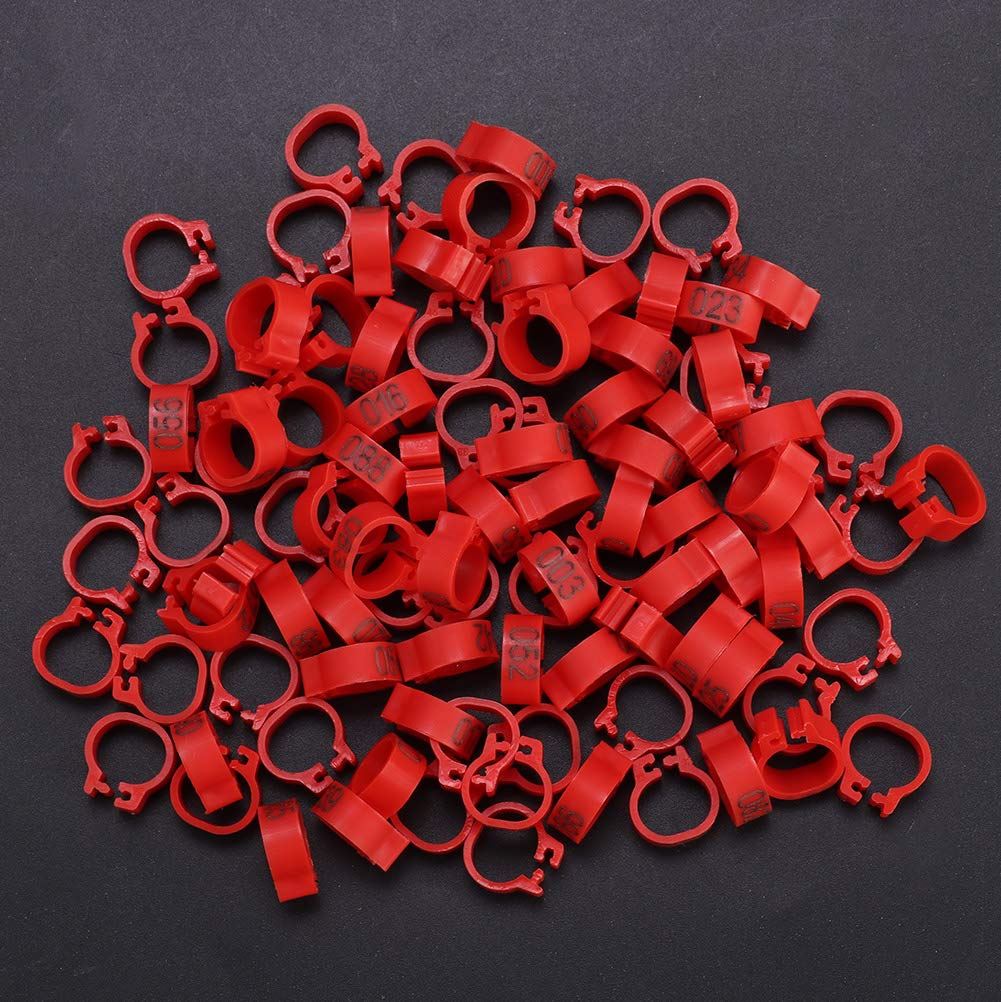 Tnfeeon 100PCS/Bag 8MM Anelli plastica per Fasce per piccioni, 001-100 Anelli plastica numerati 001-100 con Numero(Rosso)