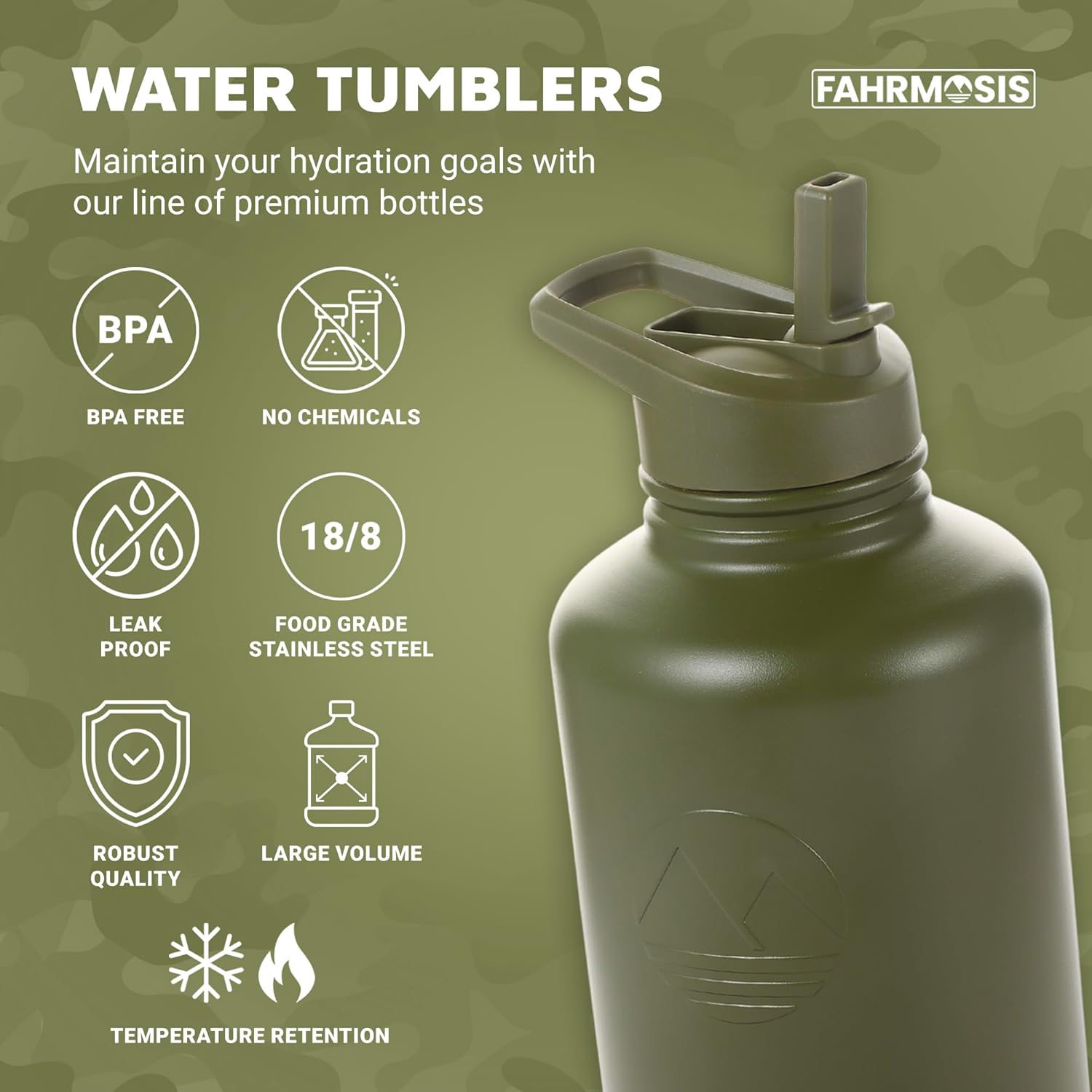FAHRMOSIS 64 Oz Insulated Water Bottle with Strap Stainless Steel Sports Water Bottle with 3 Lids (Straw, Chug and Flip Lid) Leak Proof Metal Half Gallon Jug for Men & Women - Army Green