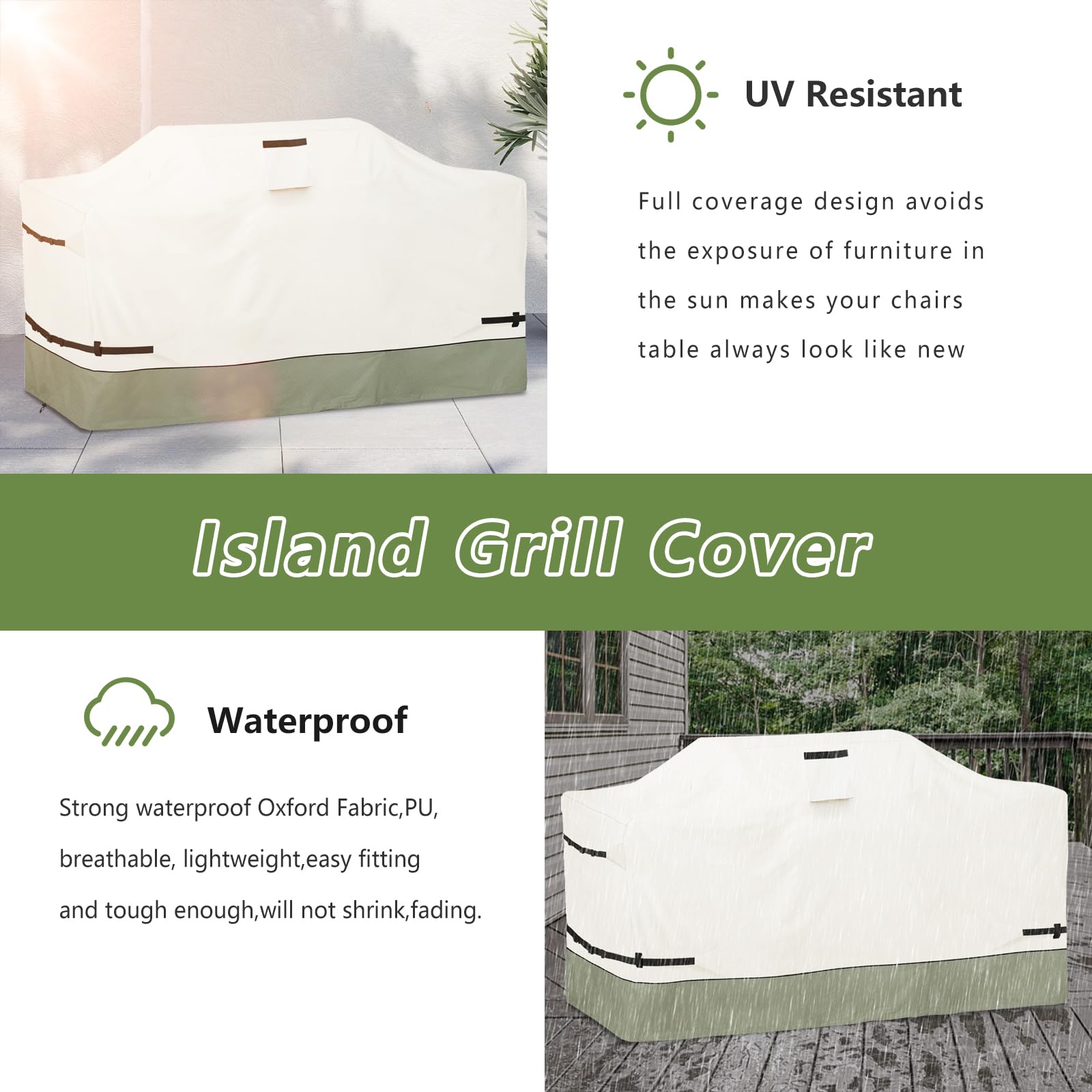 213,4 cm (86 Zoll) Inselgrill-Abdeckung, schwer, 600D, wasserdicht, Allwetterschutz, Outdoor-Abdeckung, Beige und Graugrün