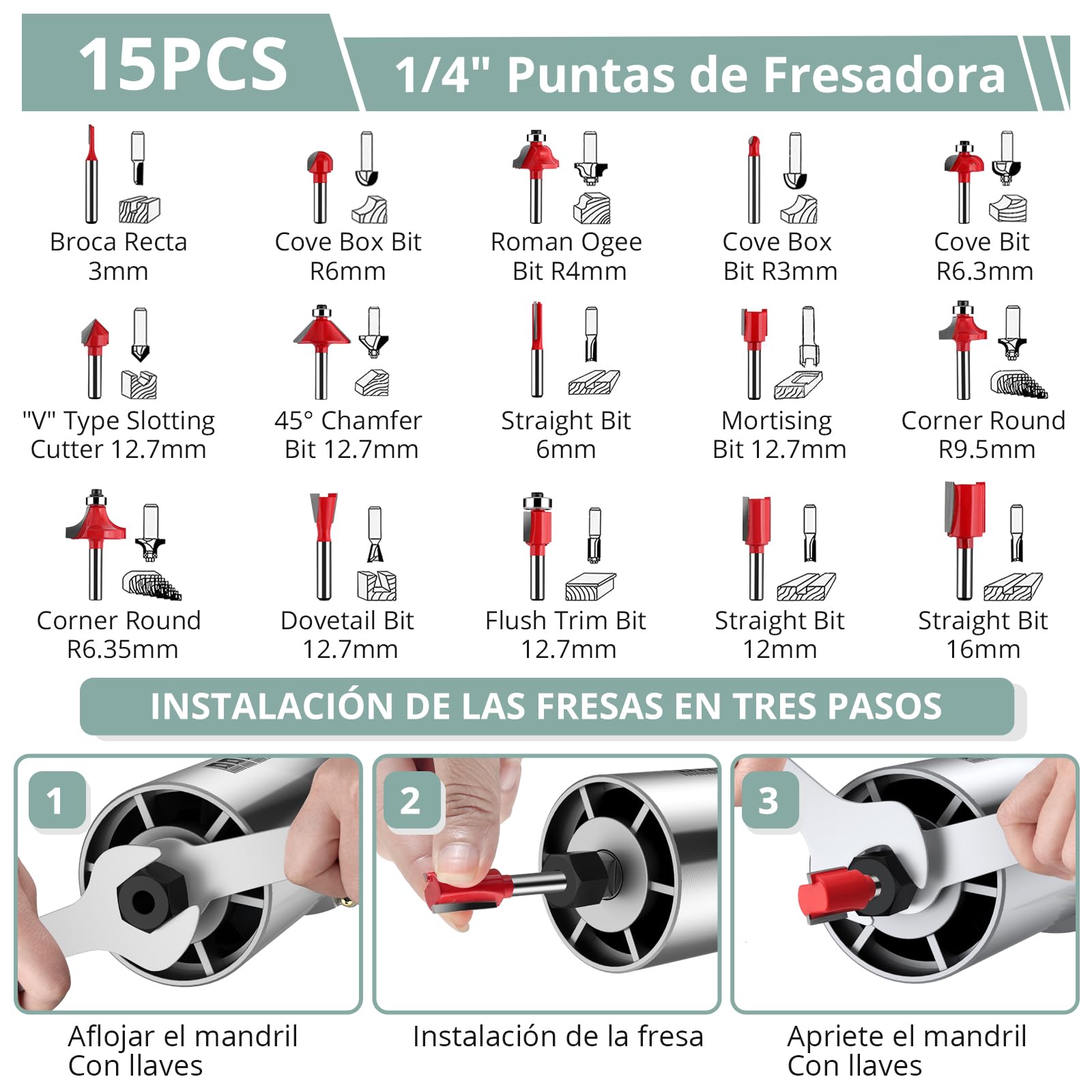 COLFULINE Juego de Fresadora de Madera Rebajadora Eléctrica 800W 30000R 6.35 mm (1/4 Inch) con 6 Velocidades Variables, con 15PCS 1/4"Juego de Brocas para Madera