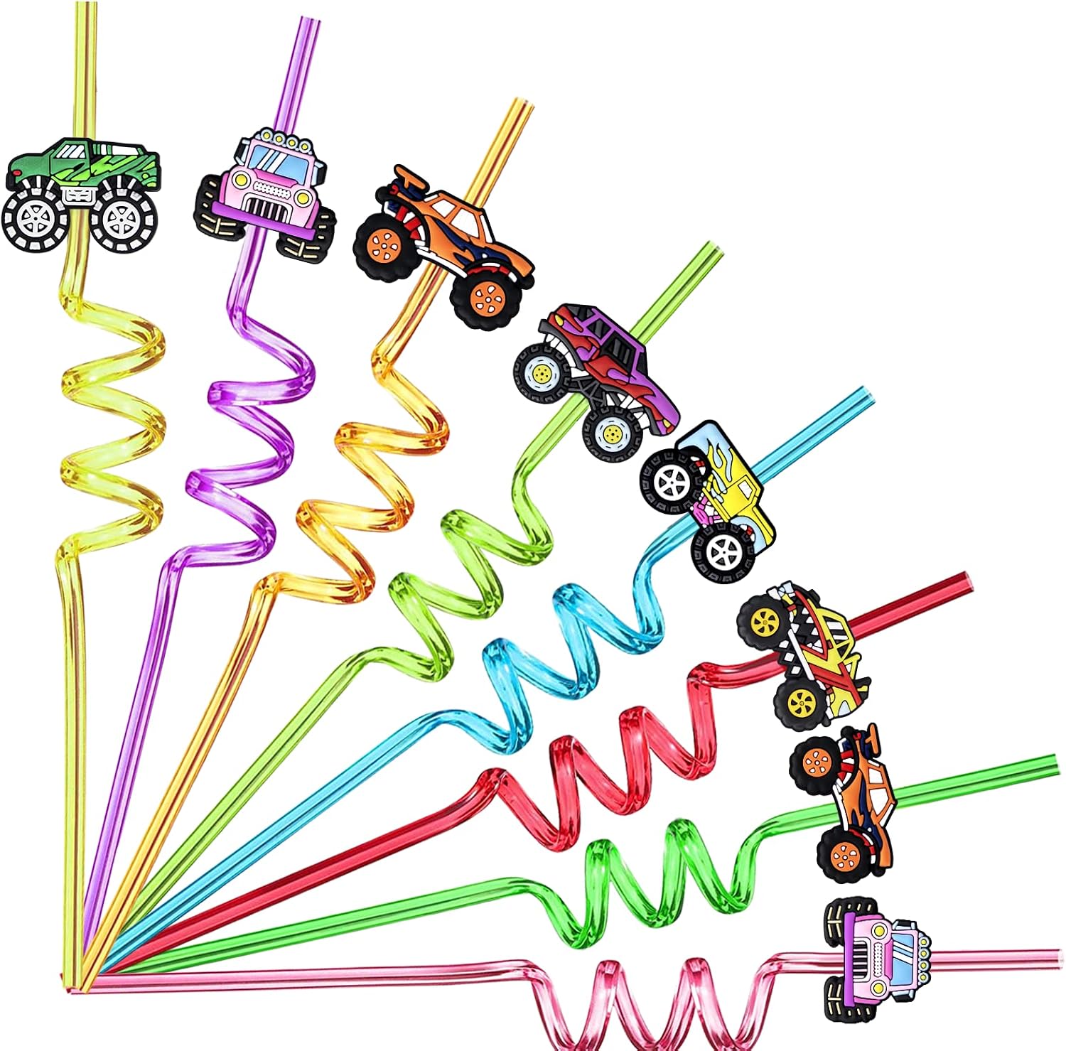 24 Monster Truck Party Car Reusable Styling Straws for Monster Truck Car Birthday Party Supplies with 2 Cleaning Brushes
