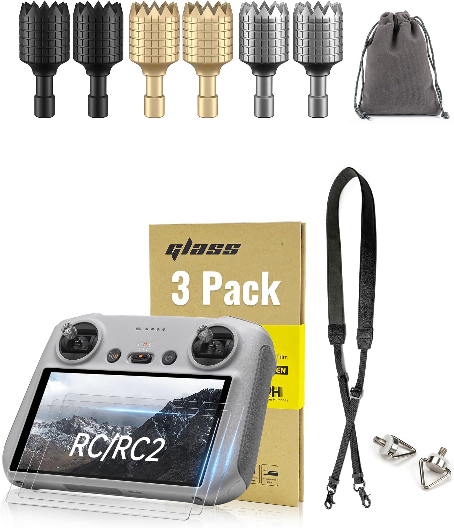 Screen Protector+Lanyard+Joysticks for DJI 𝗥𝗖/𝗥𝗖𝟮 Controller Accessories, HD Tempered Glass Film Leather Neck Strap Controller Sticks for DJI Mini 4/3 Series, Mavic 3 Series, Air 3, Air 2S