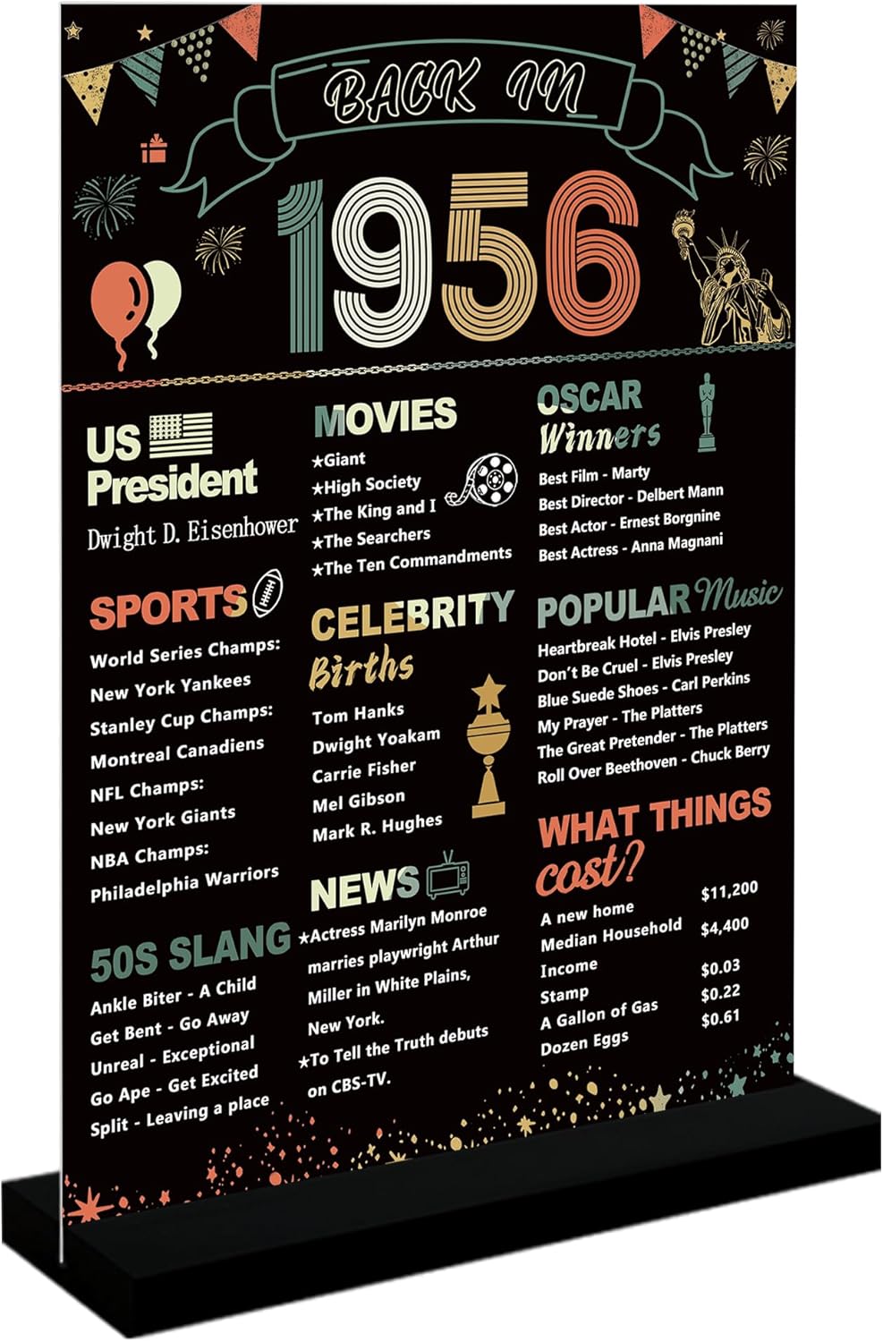 DARUNAXY 70th Birthday Party Decorations, Colorful Vintage 1956 Poster Acrylic Sign with Stand 70 Years Old Party Supplies for Men & Women Back in 1956 Table Decor 70th Anniversary Class Reunion Gifts