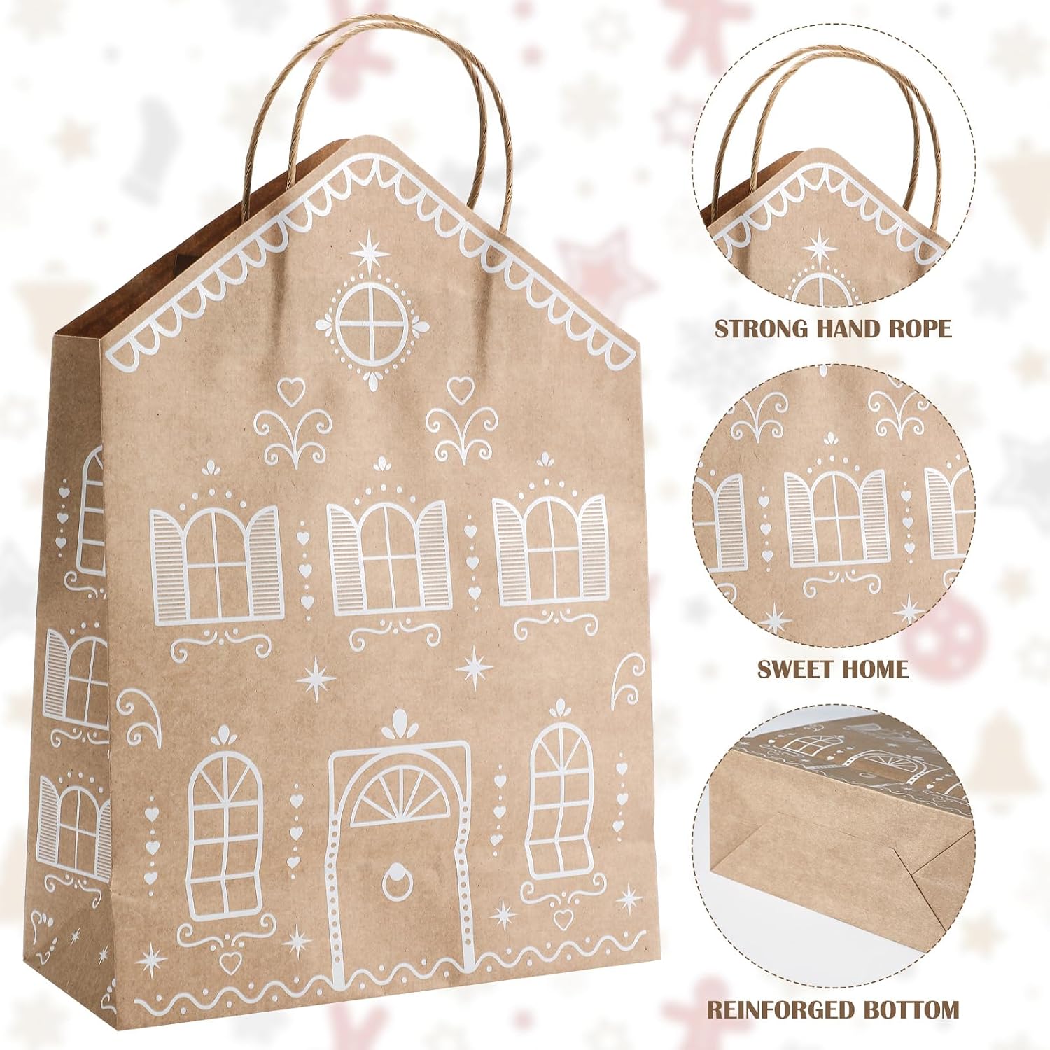 Epakh 24 Pcs Christmas Gingerbread House Gift Bags Kraft Paper Treat Candy Goodies Bags with Handles, 4 Assorted Sizes, Gingerbread House Housewarming Gifts for Winter Xmas Holiday Party Supplies