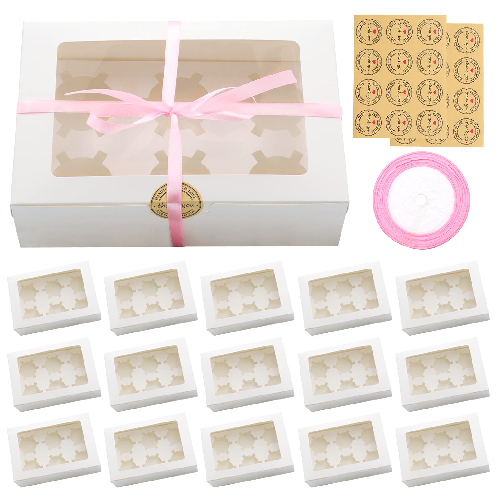 15Pack Cupcake Boxes 6 Holes, White Cake Boxes with Window and Inserts Cookie Boxes for Gift, Great for Pastries Small Cakes Sweets Muffins (Stickers & Ribbon Included)