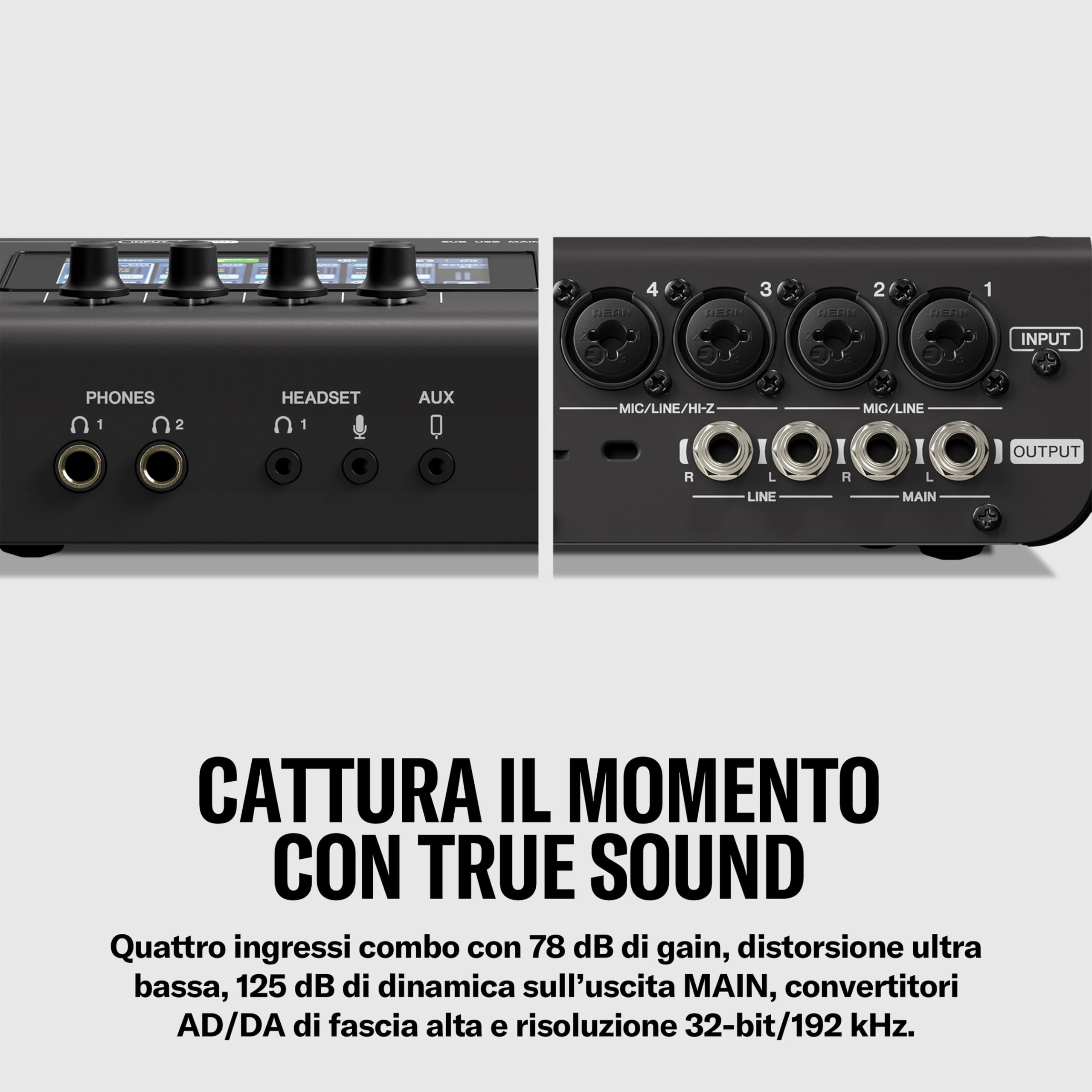 YAMAHA URX44 Interfaccia Audio USB-C – Compatta 6 ingressi/4 uscite, audio 32 bit/192 kHz, display LCD touch, DSP integrato, Auto Gain e registrazioni multitraccia – Nero
