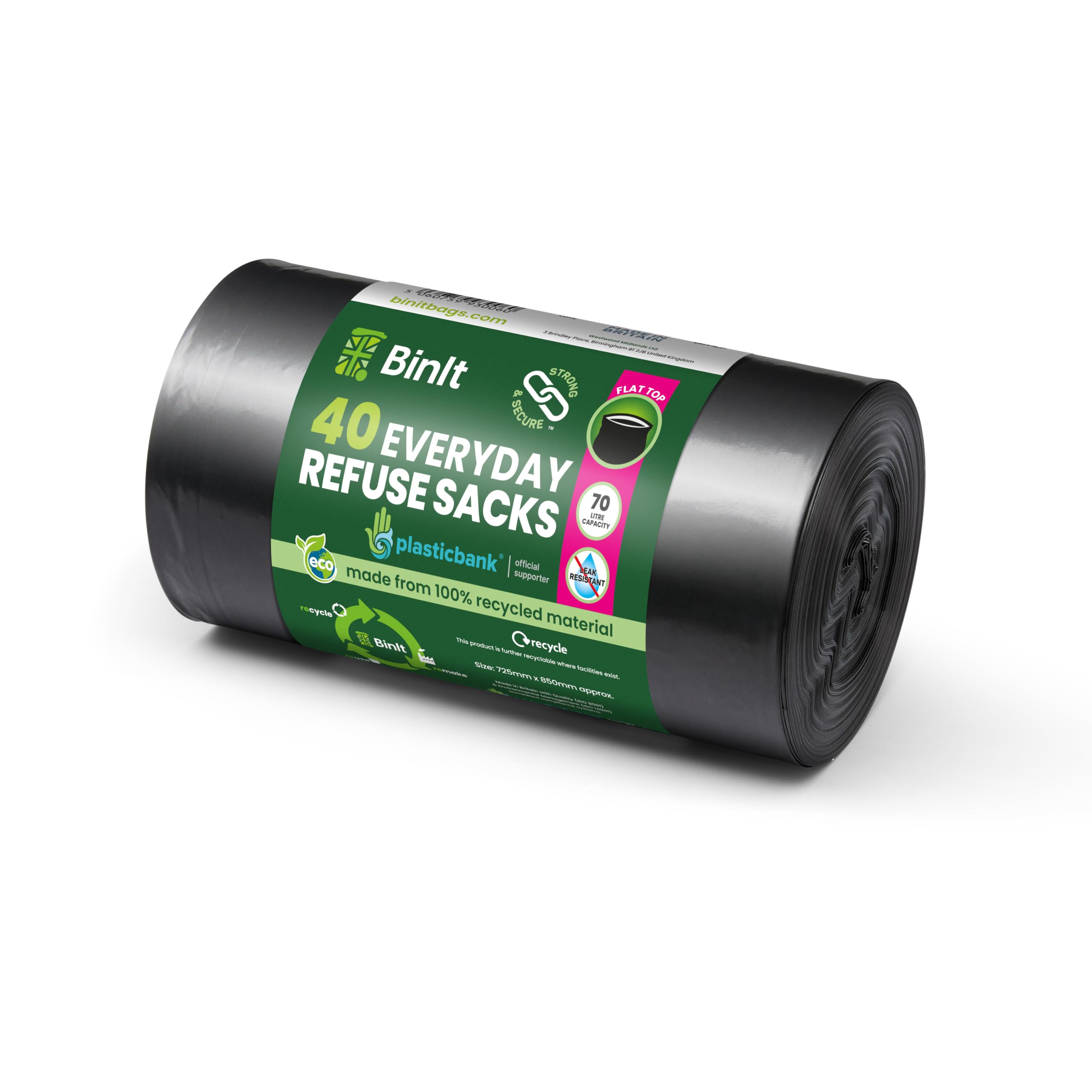 BIN IT 40 Everyday 70L Strong & Secure, Refuse Sacks, Bin Bags, Bin Liners, Flat Top, Recycled, Tear Resistant, 30 μm, Perfect for Everyday Use, Household, Office, Kitchen & Caterers