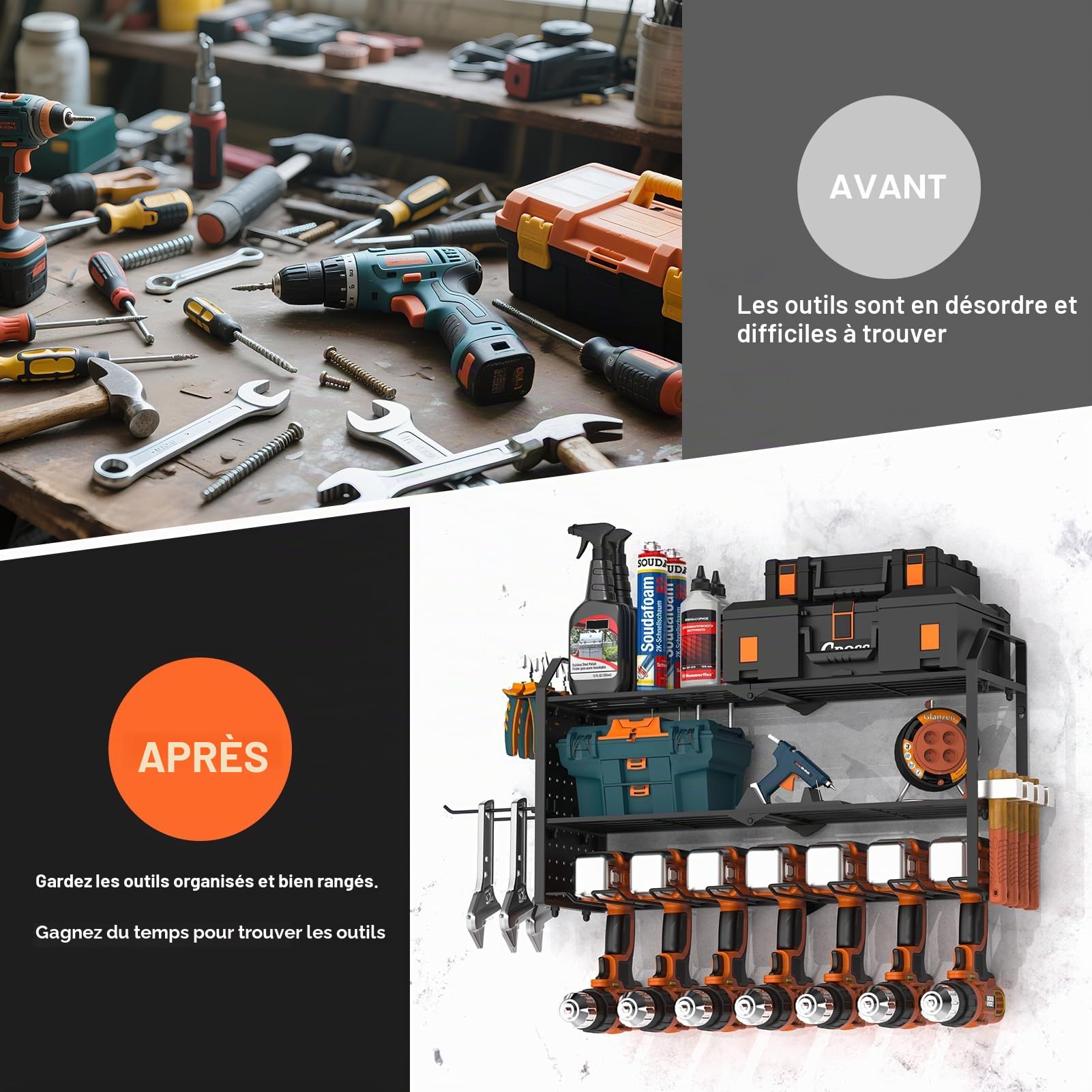 Organiseur d'outils électriques, 3 couches pour 7 porte-perceuses, support mural robuste avec support de tournevis latéral pour garage, maison, atelier