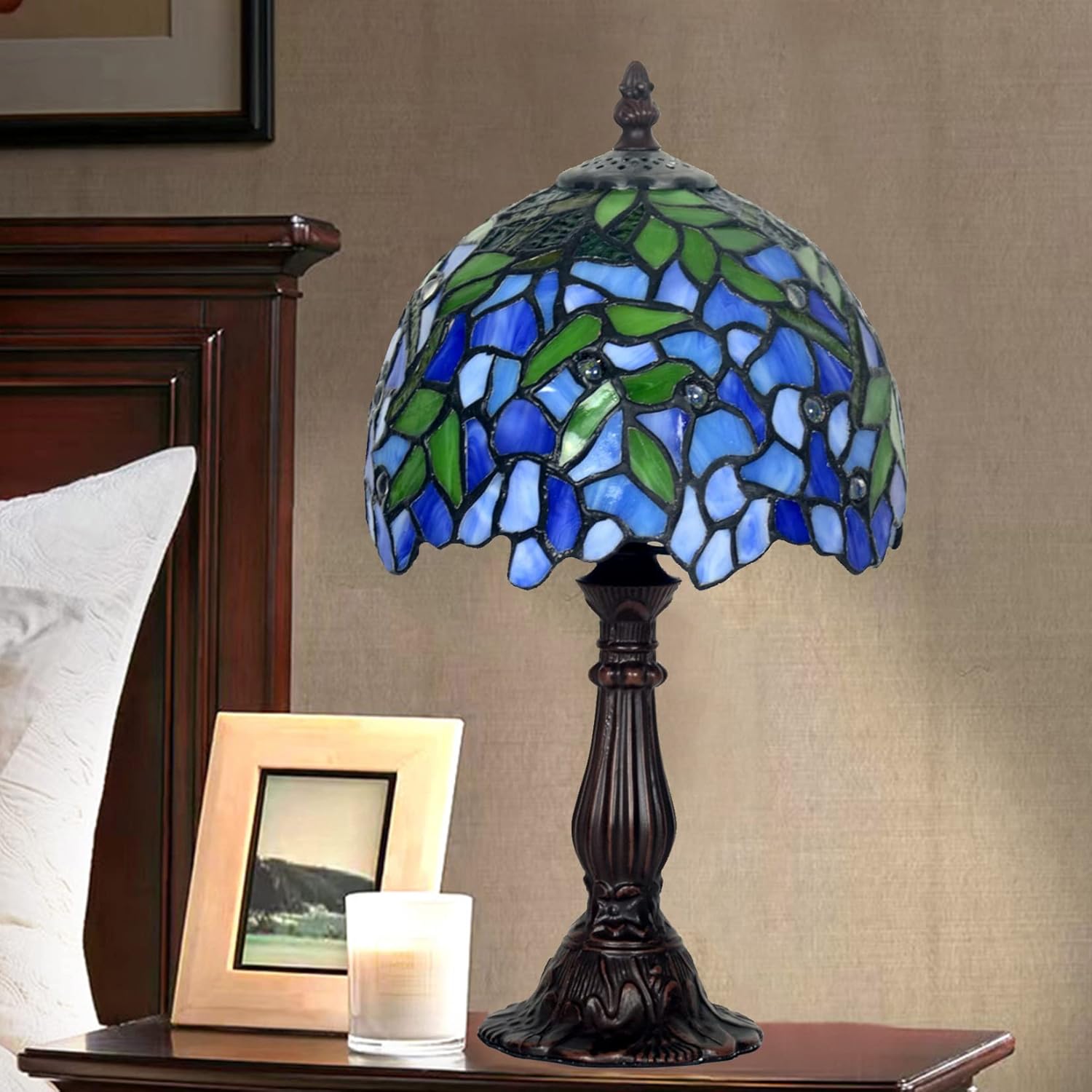 Tiffany Mini Table Lamp Purple Wisteria Desk Lamp Handmade Blue Green Stained Glass Shade Bedside Lamp Zinc Alloy Base Girl Dresser Lamp Bedroom Nightstand Living Room Lamp 8X14inch,Purple