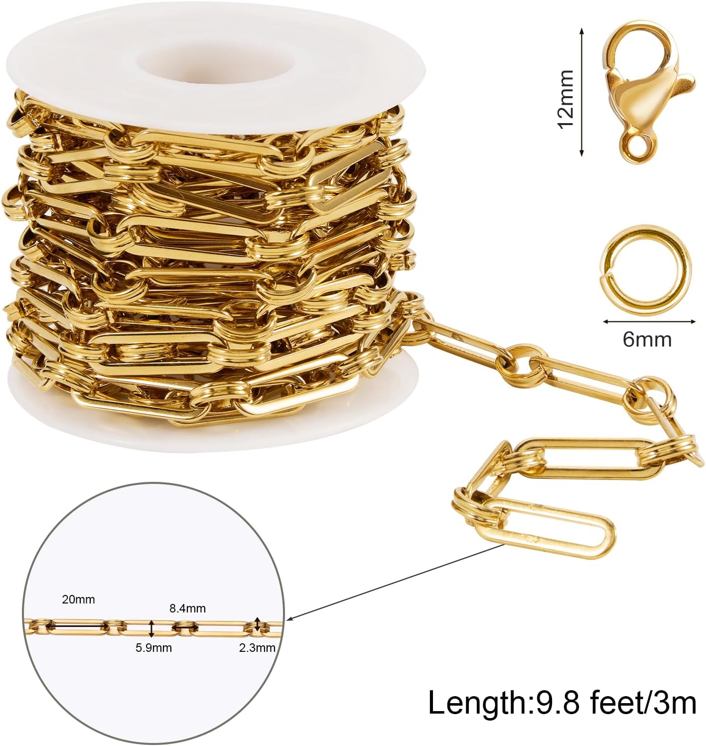 SMYHTGLIF 9.8 Feet Gold Paperclip Chain for Jewelry Making Stainless Steel Circle Chain Bulk Jewelry Making Supplies