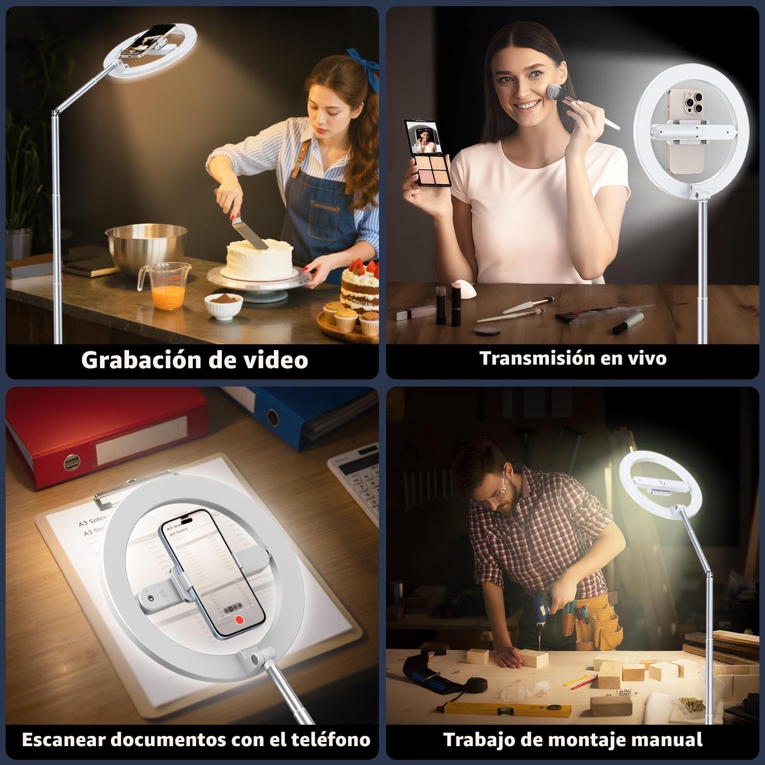 yAyusi 174 cm Inalámbrico Aro de Luz con Tripode, Tripode Cenital con Ring Light Recargable para Escanear Documentos, Grabación de Vídeo, Fotografía, Transmisión en Vivo, TikTok, YouTube