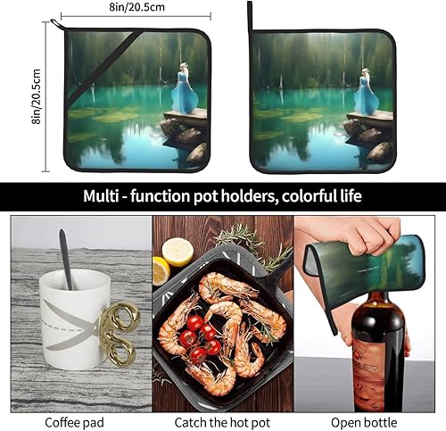 Miniatura 8 de Juego de almohadillas calientes de 8 x 8 pulgadas con estampado de hadas de lago, antideslizante, resistente al calor, para hornear y cocinar