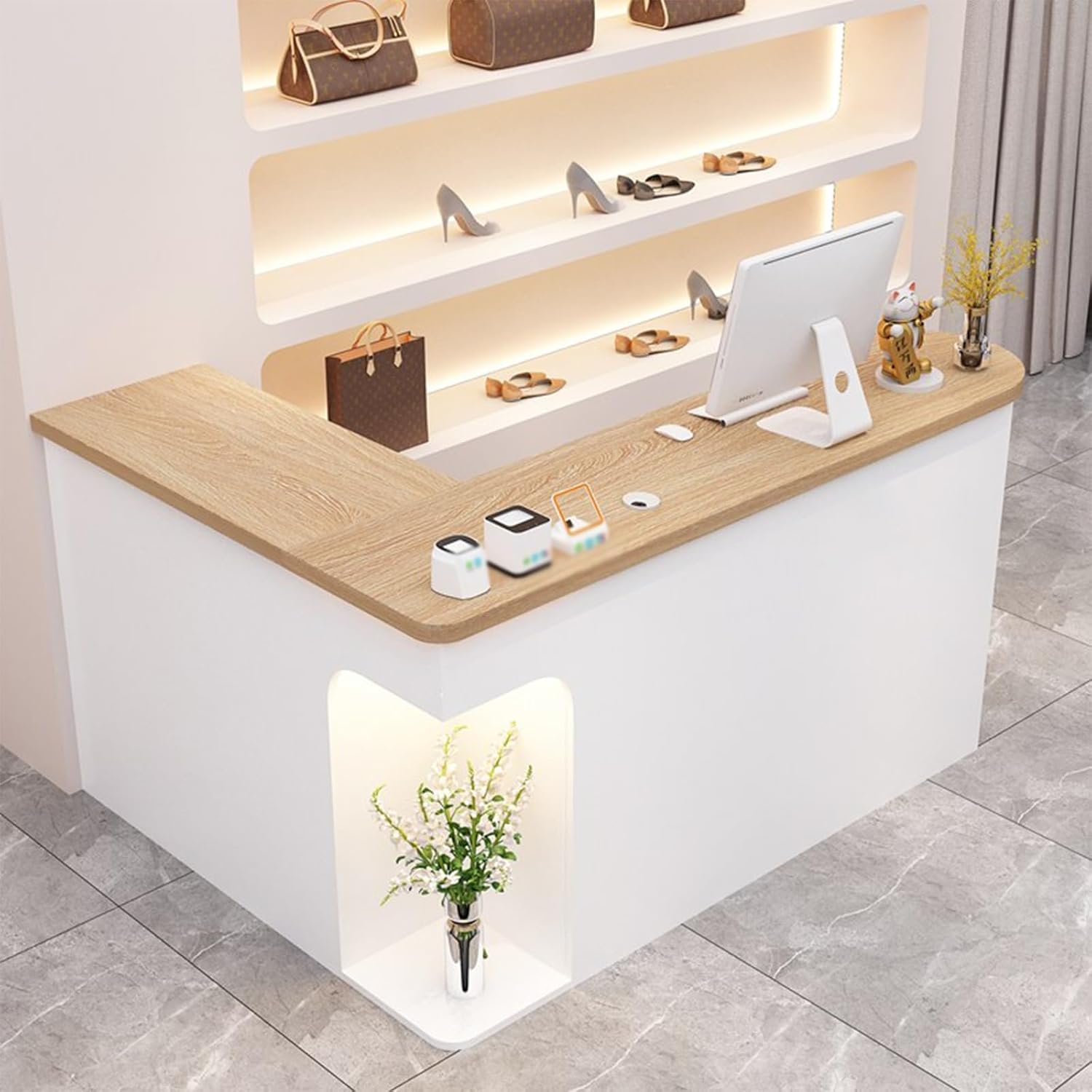 Reception Desk, L-Shaped Table with 3 Open Shelves Lockable Drawers, Usable for Checkout Lobby Beauty Salons(Wood Color+White/Right,130cm)