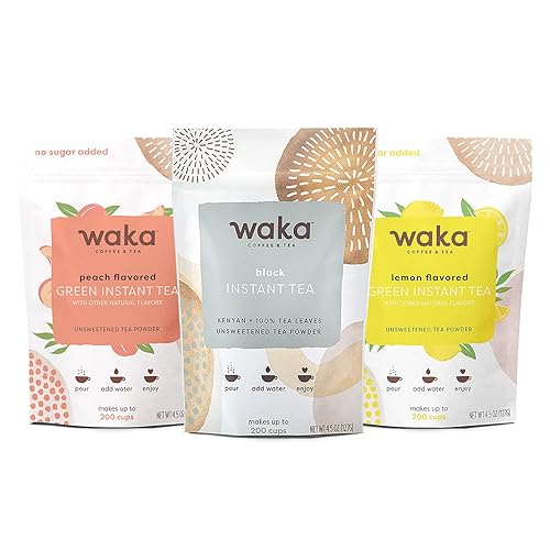 Waka - Mezcla de té instantánea, paquete de 3 bolsas, 100% hojas de té, sin aditivos, polvo de té sin azúcar, negro keniano, sabor melocotón y verde