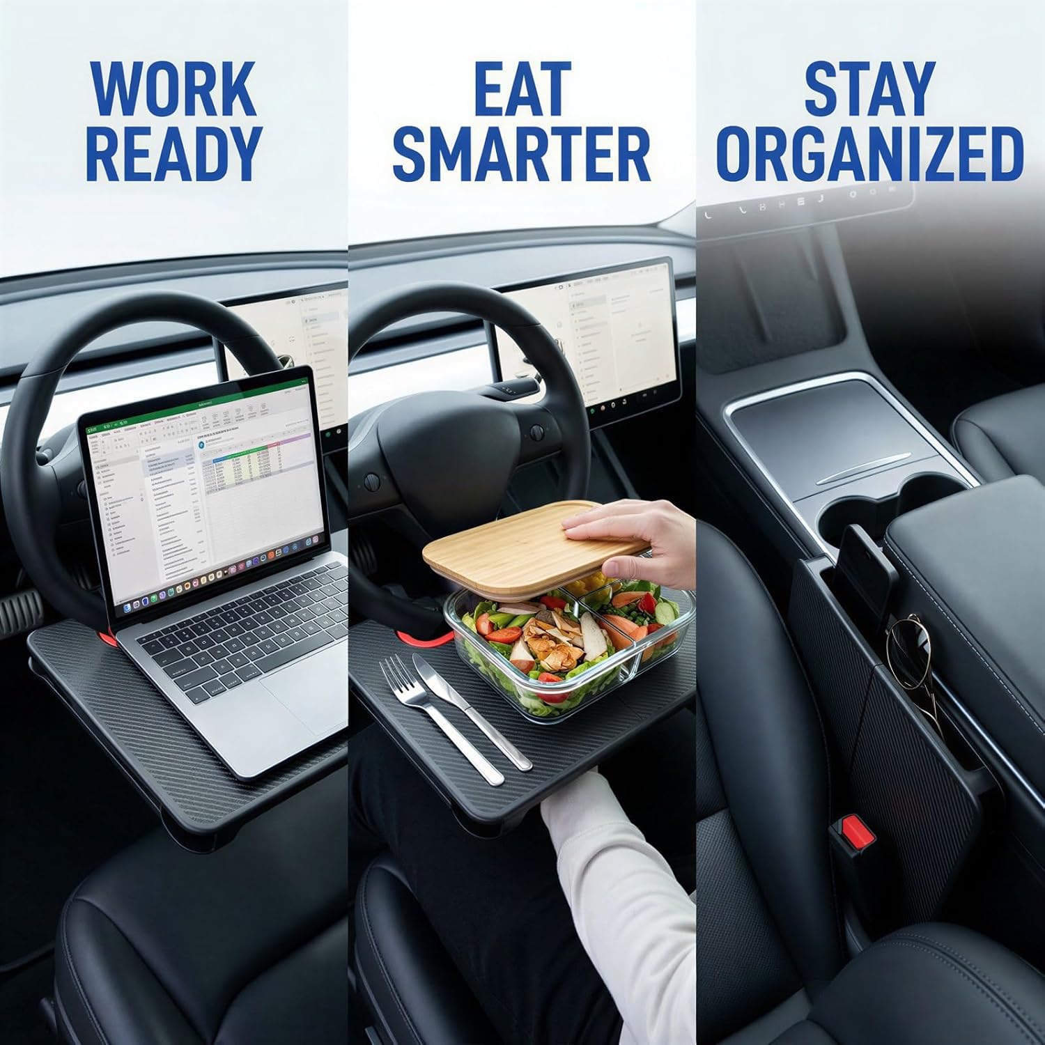 2-in-1 Car Steering Wheel Desk Tray and Seat Gap Organizer, 19.7×13Inch Foldable Carbon Fiber Look Car Table for Laptop Working Eating Writing, Compatible with Tesla Model 3 Y YL Round Steering Wheels