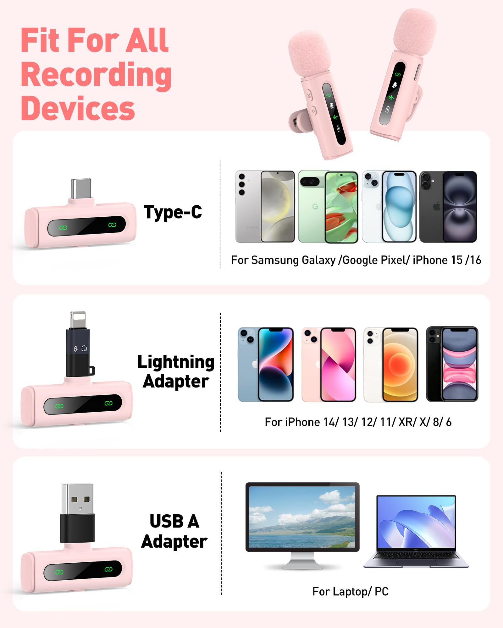 USB C Lavalier Microphone Wireless Mini Mic for Type-C Android Phone/Tablet/PC Video Recording Clip-on Mics with Rotatable Clip&Denoise Recording, Ideal for Vlog Tiktok Youtube Content Creator, Pink: Pink Without Charging Case