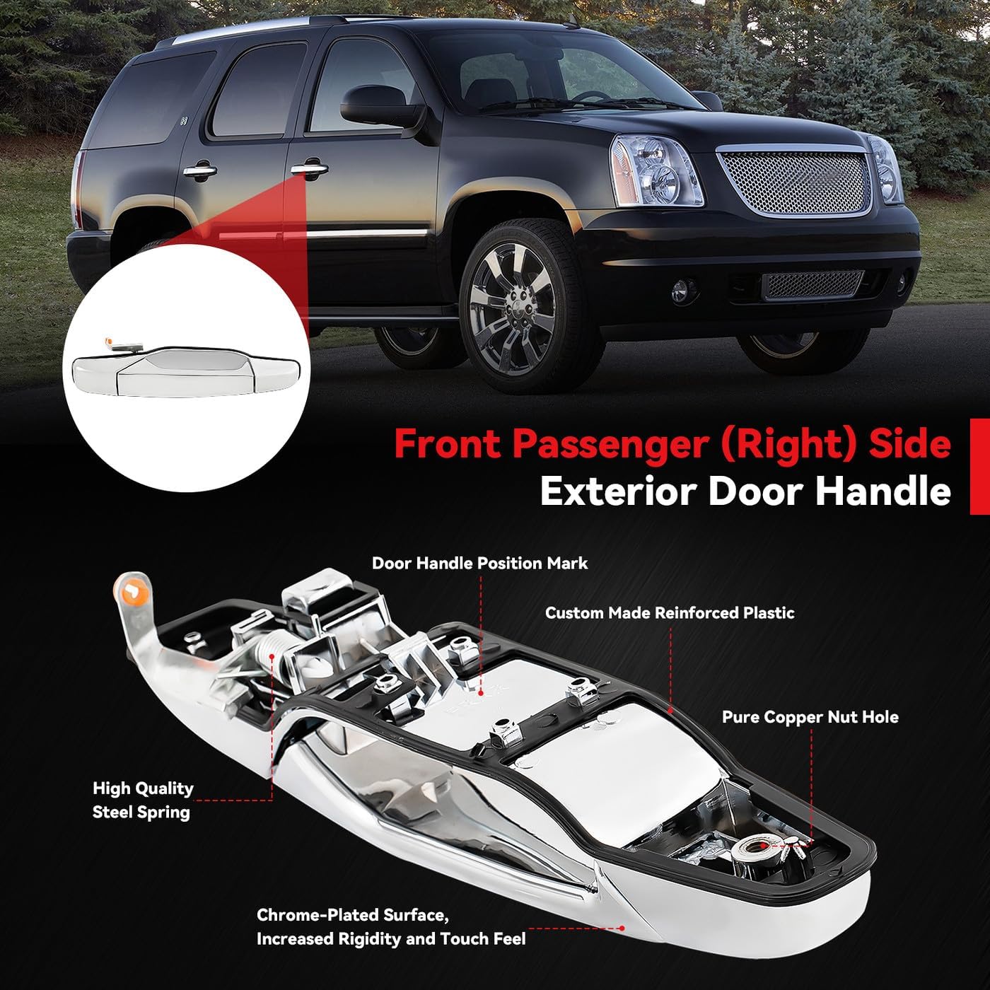 Front Passenger Right Side Chrome Exterior Door Handles - Compatible with 2007-2013 Chevy Avalanche Suburban Tahoe Silverado GMC Sierra Cadillac Escalade - 15915150 22738722 25960526 80545