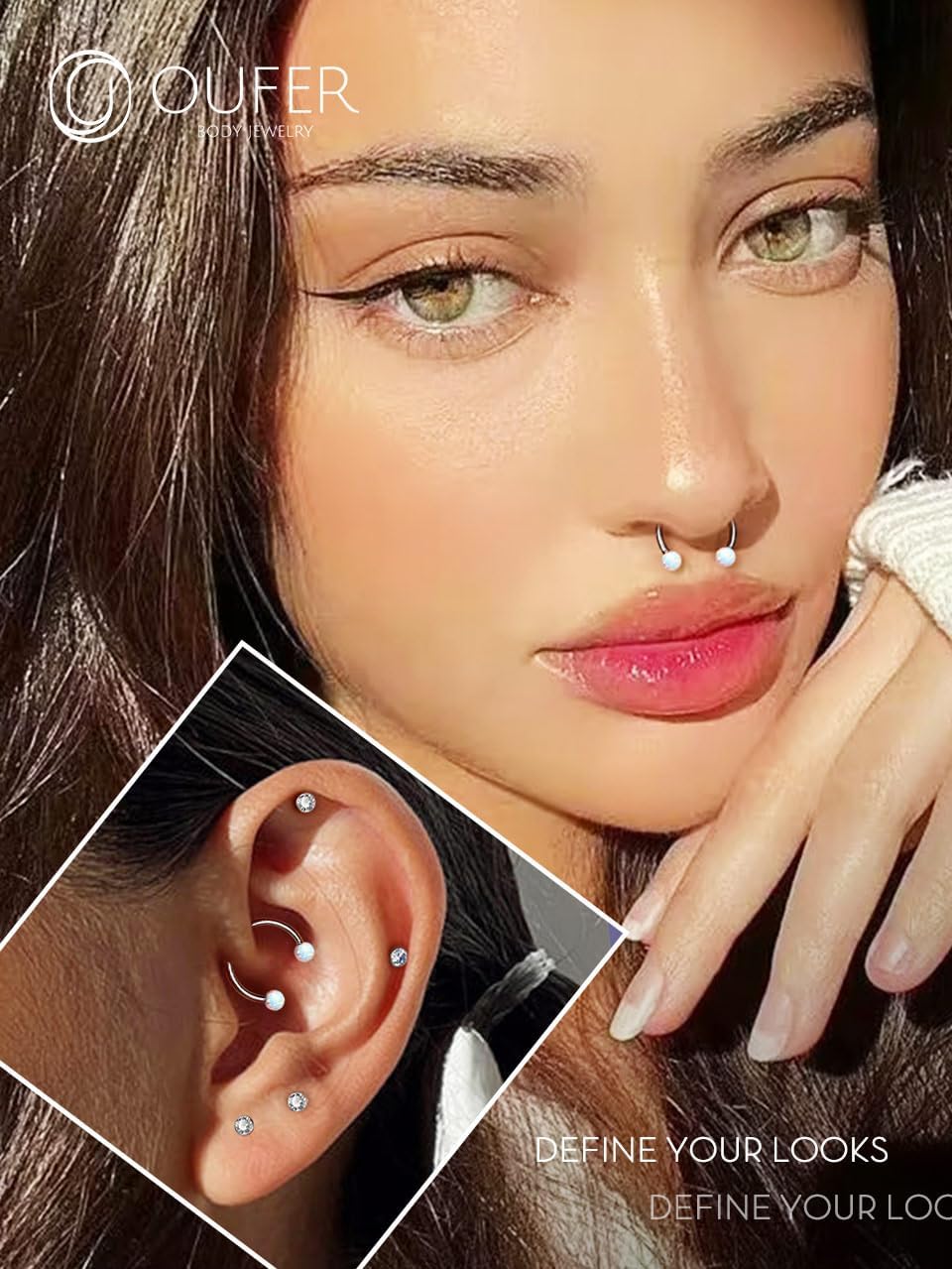 OUFER 16g G23 Solid Titanium Septum Ring, Internally Threaded Spherical Design Opal Jewelry for Helix, Daith, Snug, Conch Piercing - For Women and Men