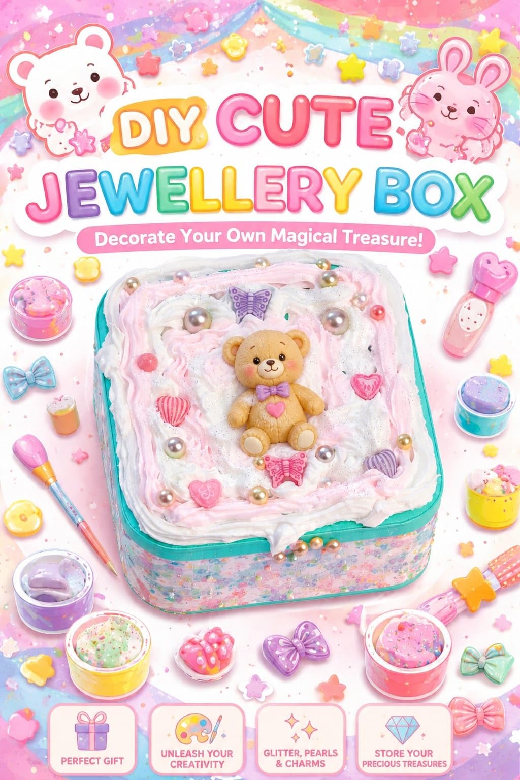 DIY Cute Jewellery Box Kit, Decoden Clay and Charms, Creative Craft Activity for Kids, Decorate Your Own Magical Jewellery Box, Japanese Art Activity for Kids-image-25