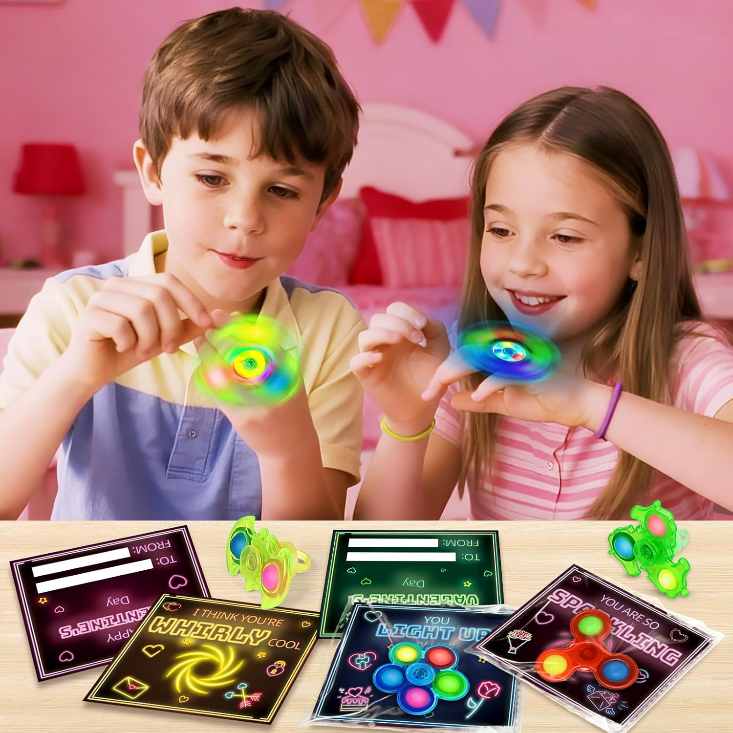SpringFlower Valentines Day Gifts Cards for Kids, 24 Pack Valentines Cards with Light Up Rings Fidget Spinner Toys for Valentines Party Favors, Valentines Day Gifts Exchange for School for Kids