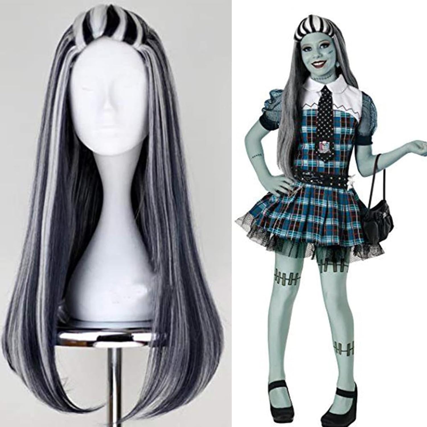 Monster Frankie Wig High School Frankie Cosplay Black And White Wig with Ponytail Long Straight Heat Resistant Costume Wig