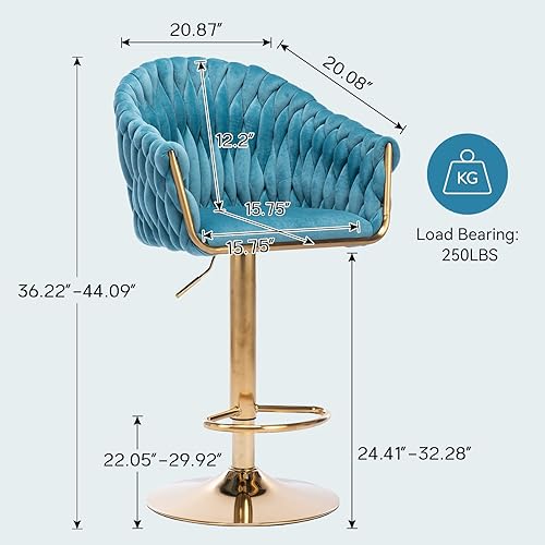 Miniatura 2 de LETESA Taburetes de bar tejidos giratorios modernos sillas de bar de terciopelo ajustables con altura de mostrador con respaldo y base dorada