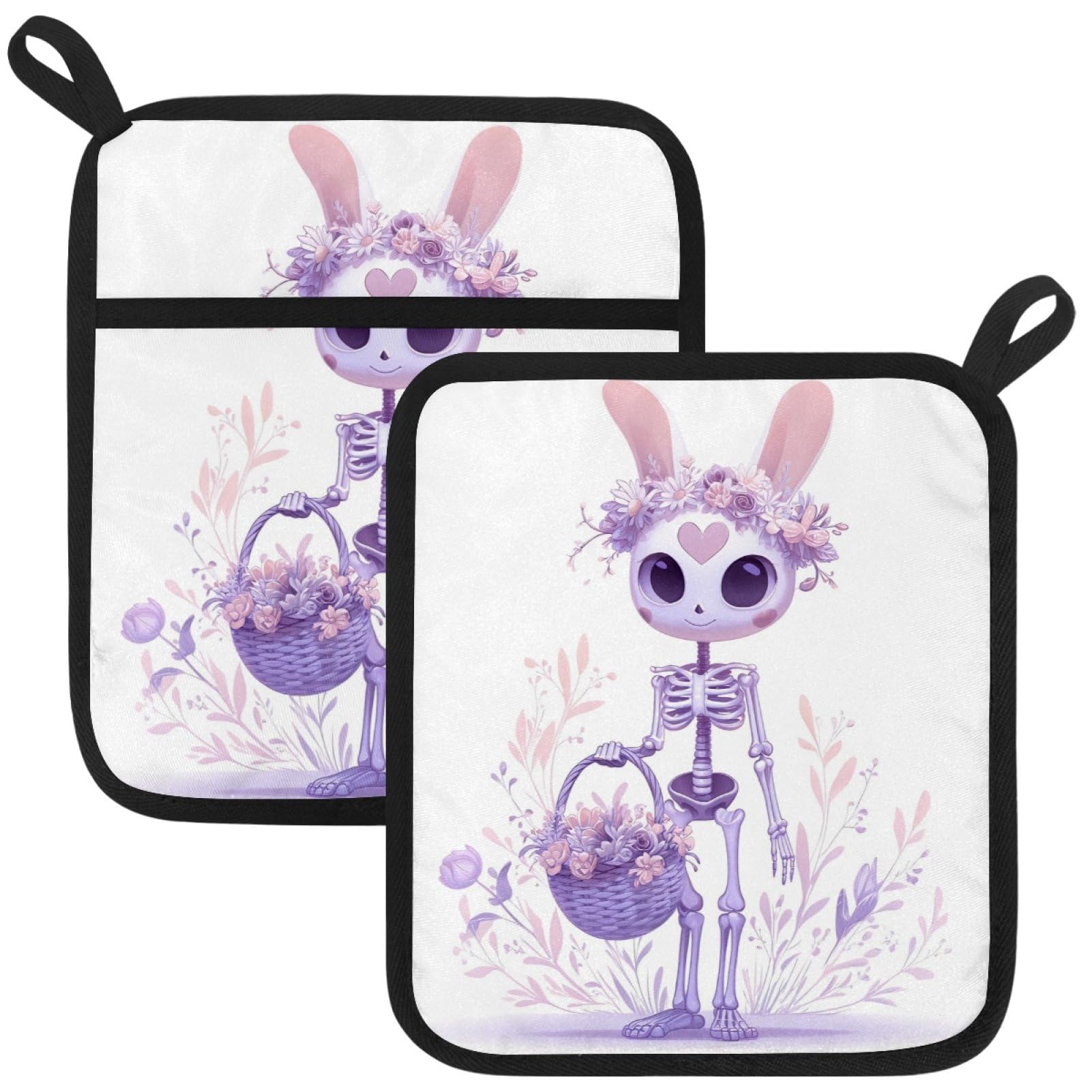 VAPOKF Skeleton Rabbit Kitchen Hot Pot Holder, Pot Holders Heat Resistant Pot Holder with Pocket Heat Resistant Trivets for Hot Pans Cotton Pot Mitts for Kitchen Cooking Baking