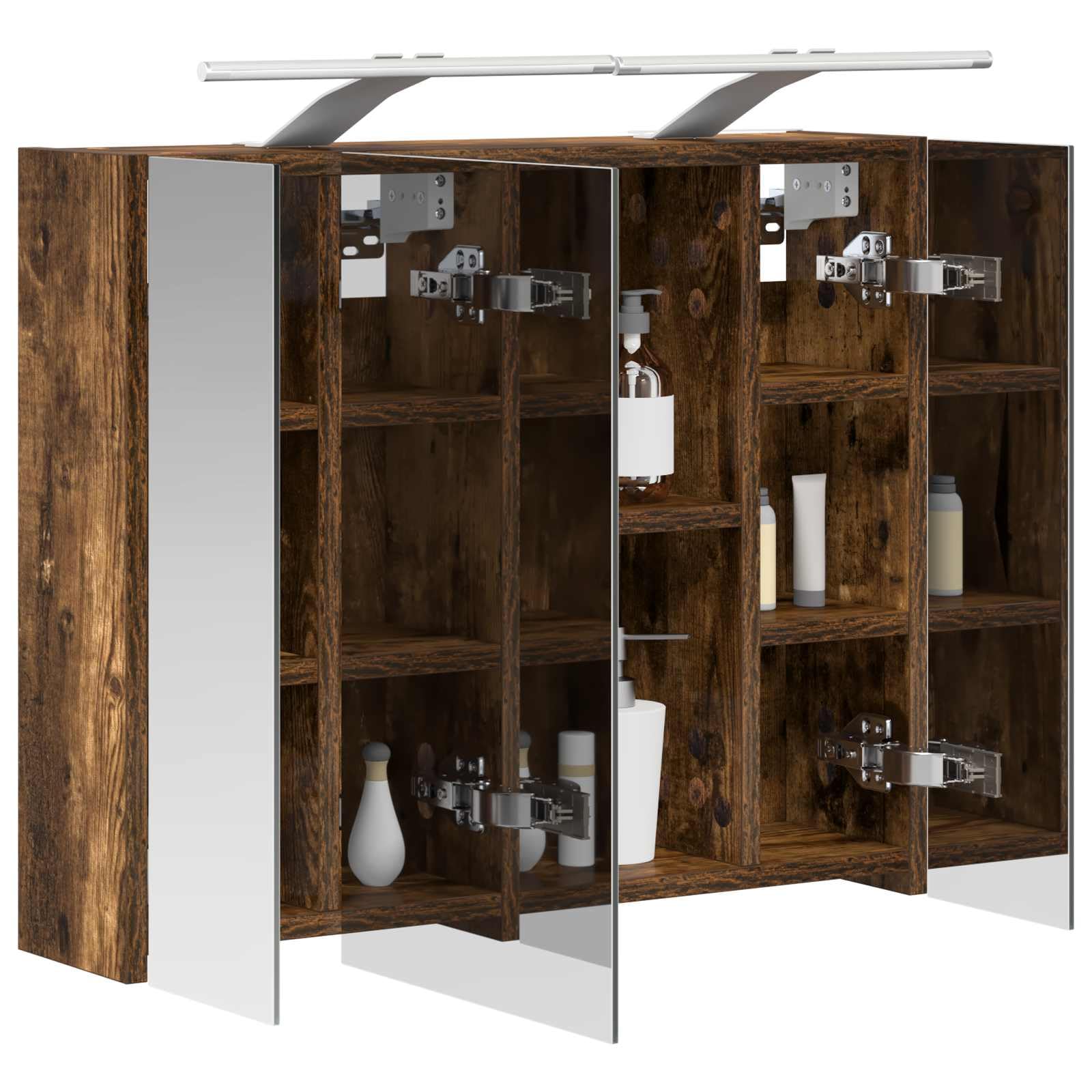 Szafka łazienkowa z lustrem, dąb wędzony, 60 x 14,5 x 50 cm z paskami LED, dwustronnym lustrem, montaż na ścianie i schowek do łazienki, umywalki, WC, przechowywania