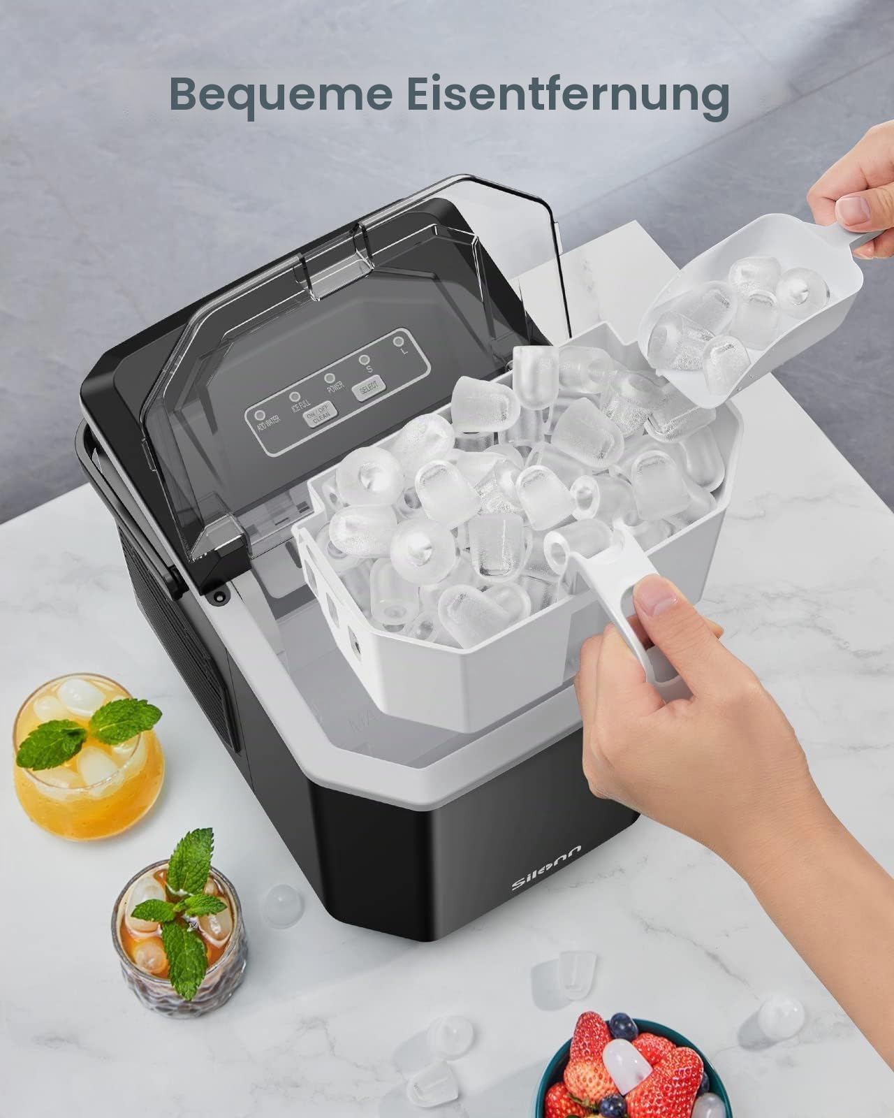 Silonn Eiswürfelmaschine mit Griff-Eiswürfelkorb – Tragbar & Selbstreinigend, Mini Ice Maker 9 Eiswürfel/6 Min. 12 KG/Tag, Eiswürfel einfach entnehmen und überall nutzen