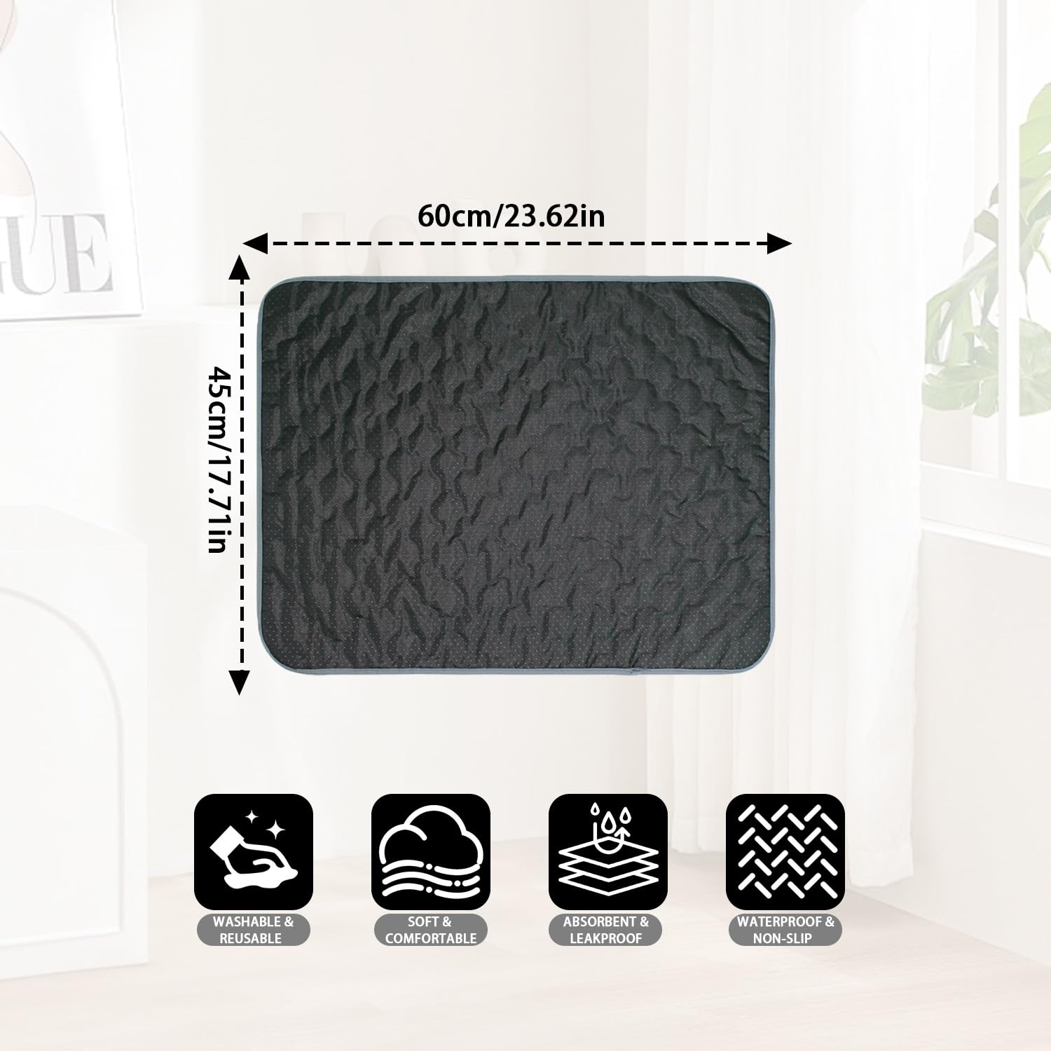 2 almohadillas protectoras de asiento impermeables, lavables para incontinencia, antideslizantes, absorbentes, para sillas de ruedas, sofás, sillones y asientos de coche, color negro (M 45 x 60 cm)