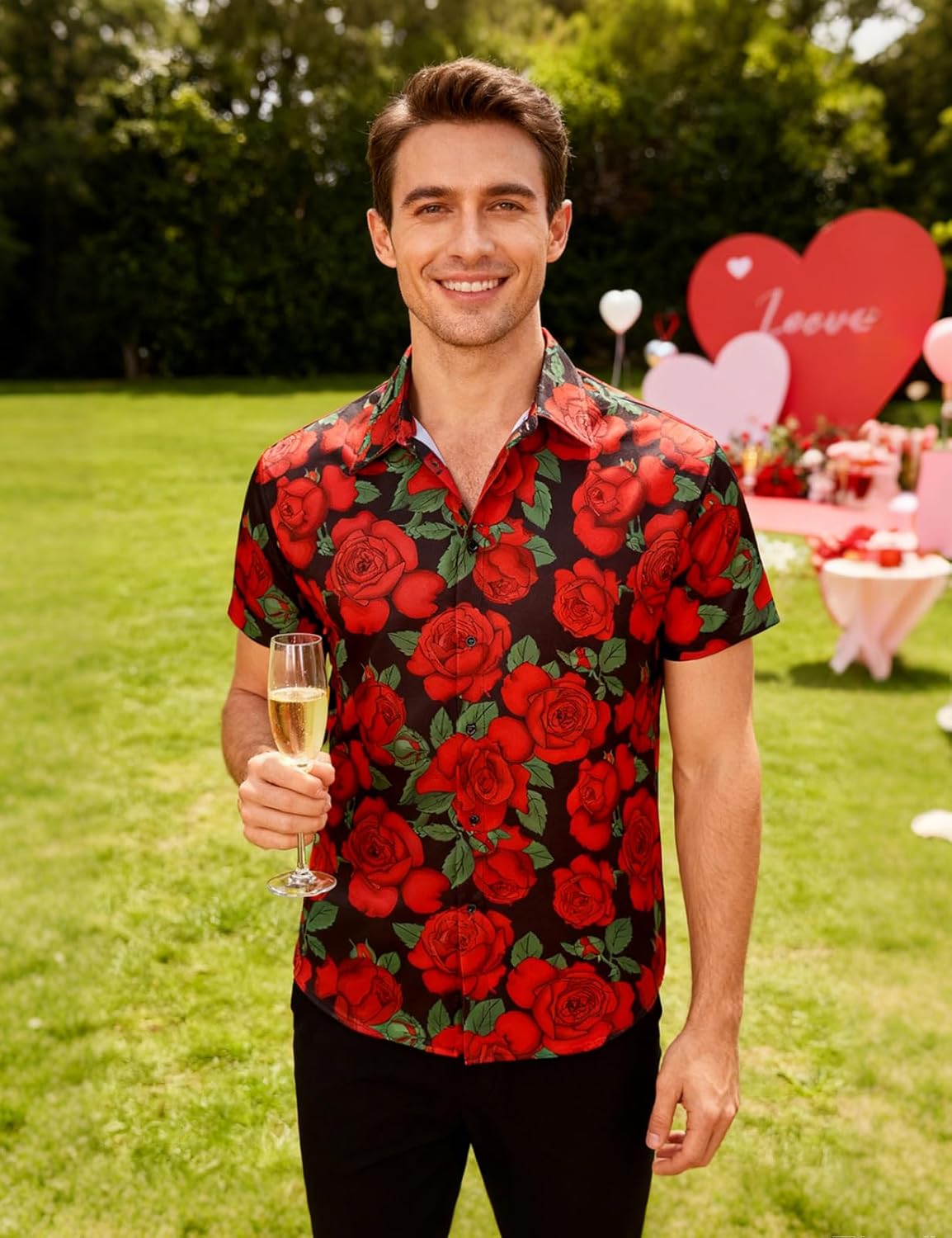 LINOCOUTON Men's Valentines Short Sleeve Button Down Shirts