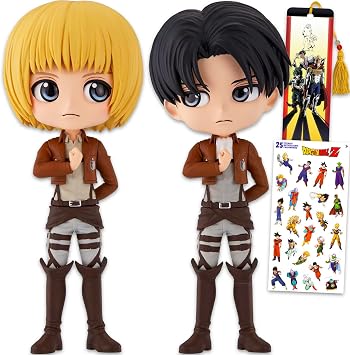 Attack on Titan Figurine 2 Pack - Bundle with 5.5" Q Posket Figurines Armin and Levi for Home Decor Plus Stickers | Attack on Titan Home Decorations