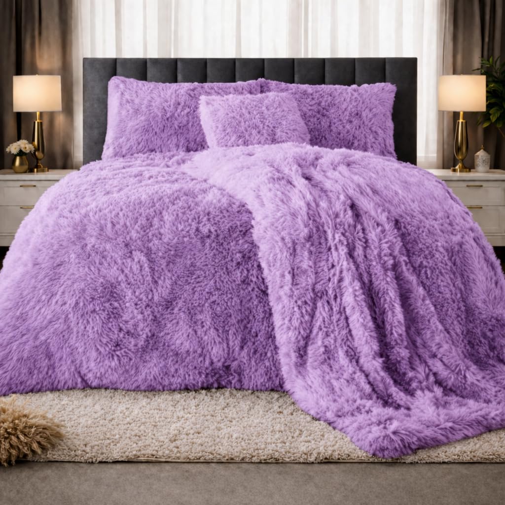 JOROBA Teddy Bear Cuddles Fleece Duvet Cover Set – Alaska Luxury Faux Fur Bedding with Matching Pillowcases, Super Soft Warm Plush Winter Quilt Cover Bed (Lilac, Double)