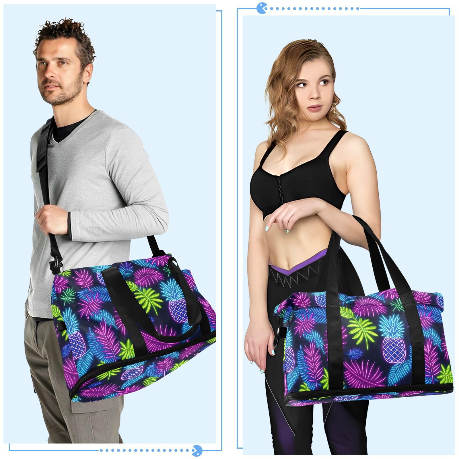 Bolsa de transporte grande de hoja de piña de neón con bolsillo húmedo con correa ajustable, bolsas de lona para viajes, plegable para hombres y mujeres