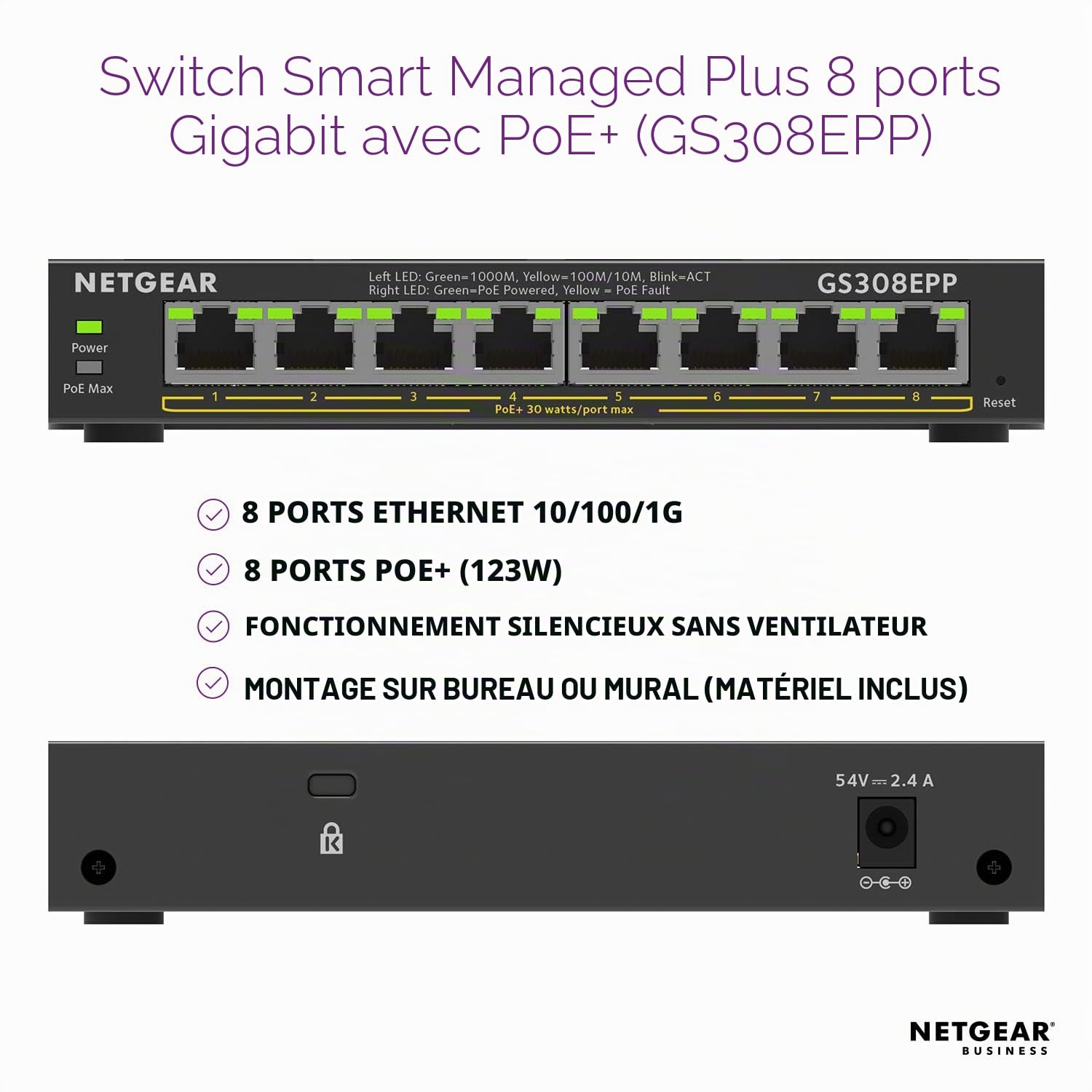NETGEAR GS308EPP Gestito L2/L3 Gigabit Ethernet [10/100/1000] Supporto Power over Ethernet [PoE] Nero (NETGEAR Plus GS308EPP - Switch - smart - 8 x 10/100/1000 [PoE+] - desktop, wall-mountable - PoE+