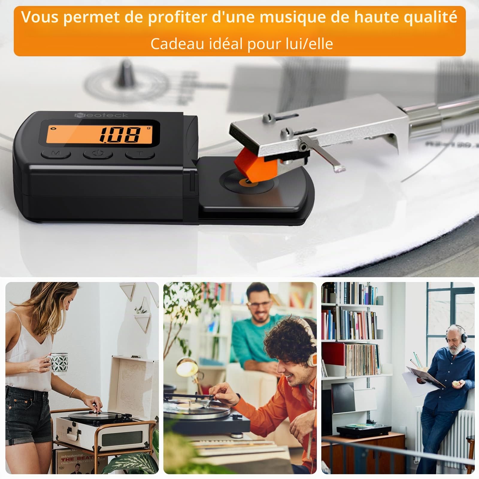 Neoteck Balance Numérique de Force Cellule Vinyle 0.01g - Non Magnétique avec Poids de Calibration - Pèse Cellule Platine Écran LCD Rétroéclairé - Jauge Stylet Accessoire Audiophile & Cadeau DJ