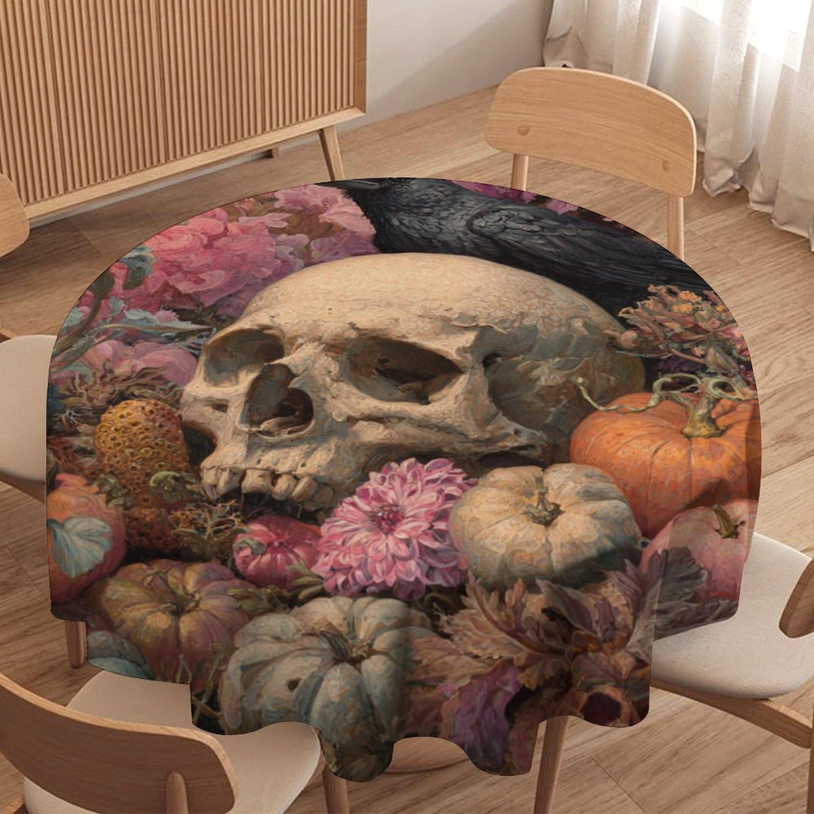 LUYYSKY Classic Gothic Halloween Raven Waterproof Round Tablecloth Rustic Vintage Skull Skeleton Animal Crow Pumpkins Washable Table Cover for Kitchen-177.8" Wx177.8 L cm