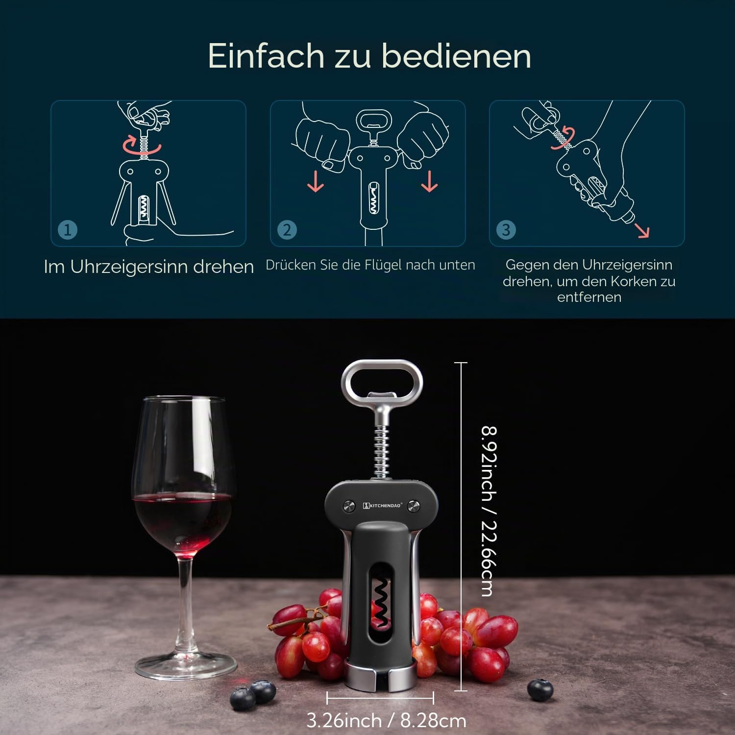 KITCHENDAO 3 in 1 Korkenzieher Wein, Weinöffner mit Abnehmbarem Folienschneider, kapselheber mit Multifunktionalem, Manueller Flaschenöffner für Korken und Kappen, Schwarz