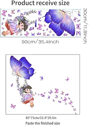 Miniatura 5 de Calcomanías de pared con diseño de flores de mariposa moradas y encantadoras niñas pequeñas, calcomanías de pared de arte de sacinora de vinilo
