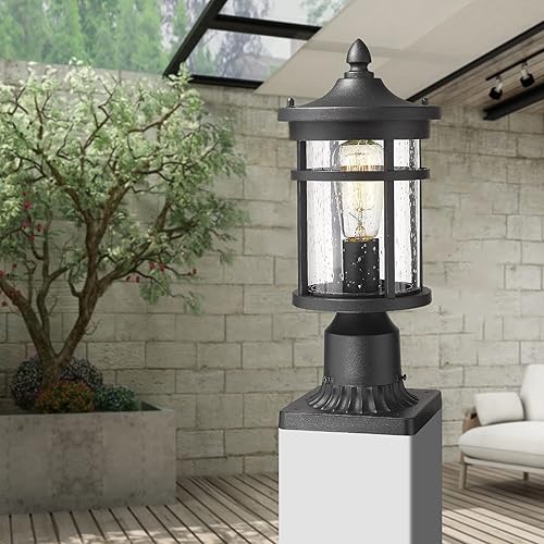 Miniatura 5 de Lámpara de poste para exteriores, 9 pulgadas de diámetro, farol exterior grande y moderno con acabado negro y vidrio sembrado, iluminación de poste